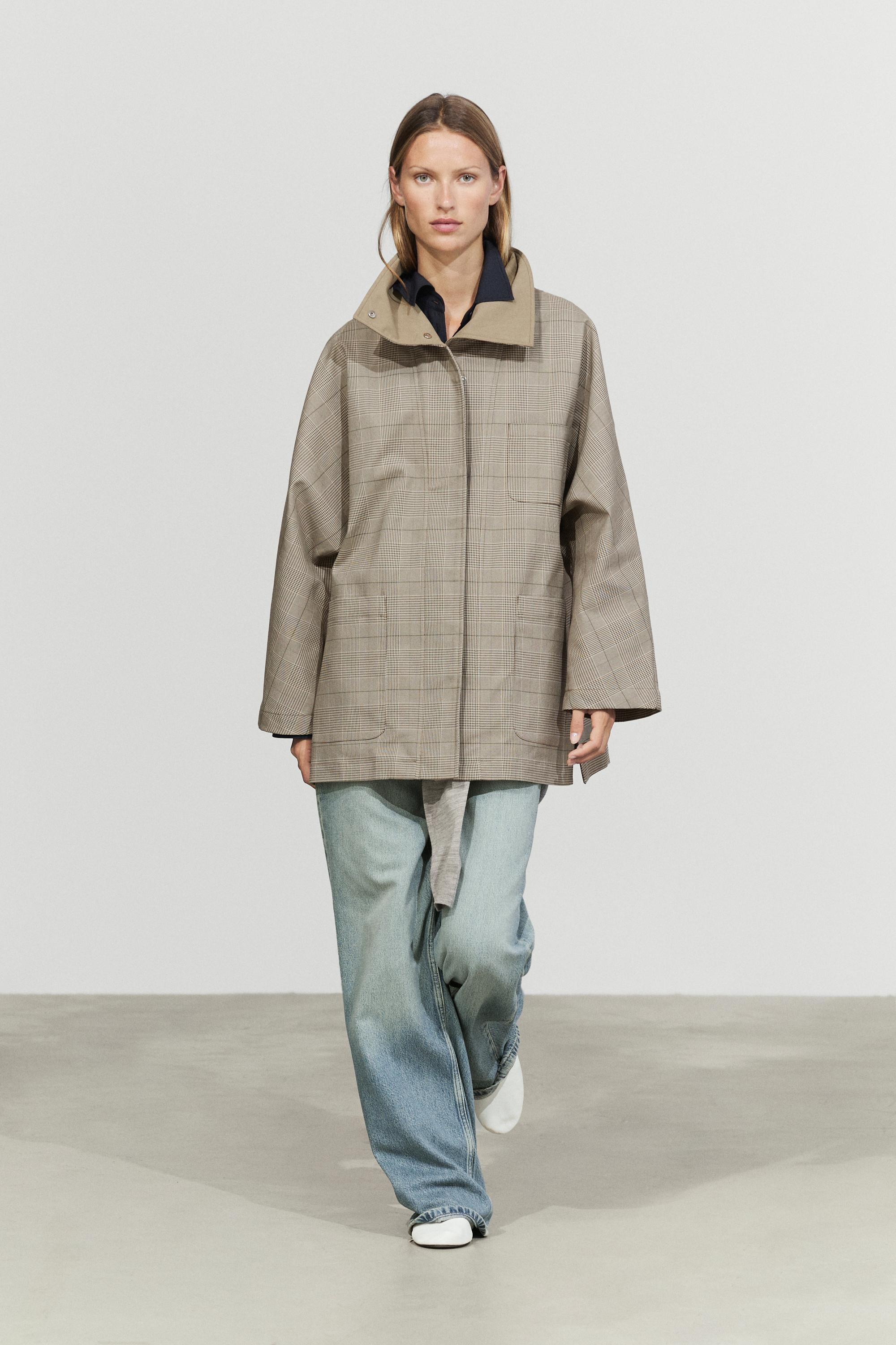 Cotton blend plaid high neck jacket Khaki