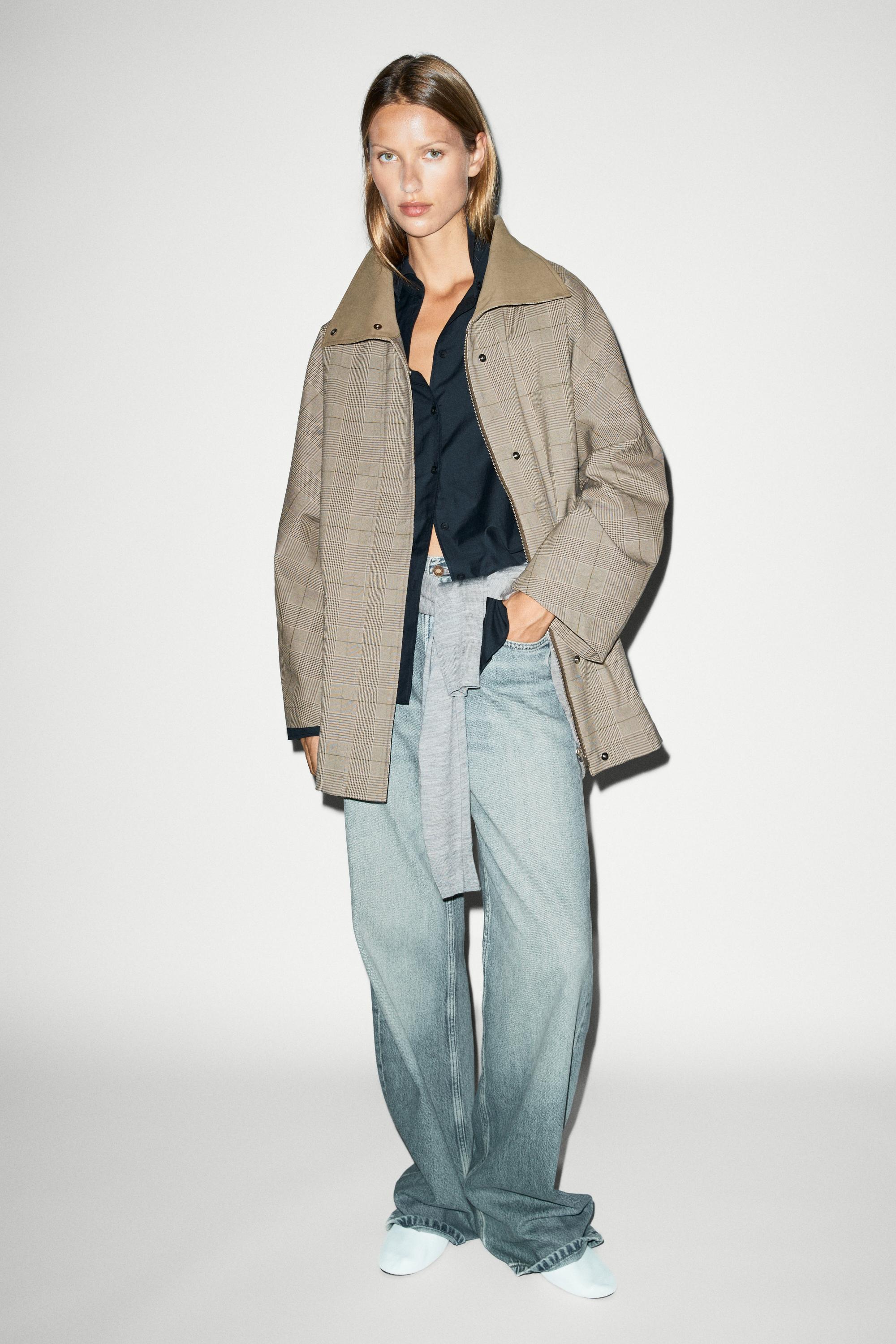 Cotton blend plaid high neck jacket Khaki
