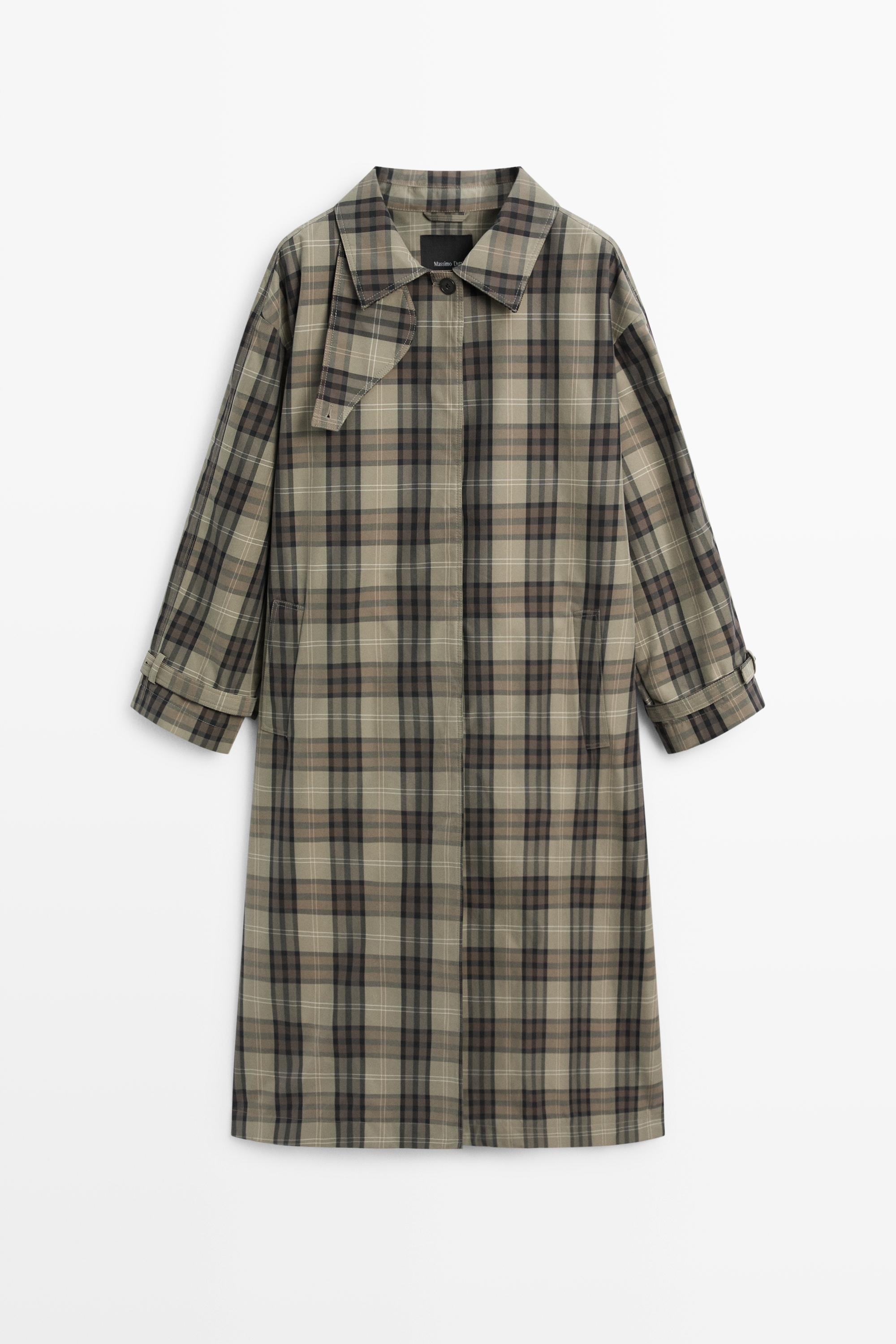 Long cotton blend plaid trench coat Powder