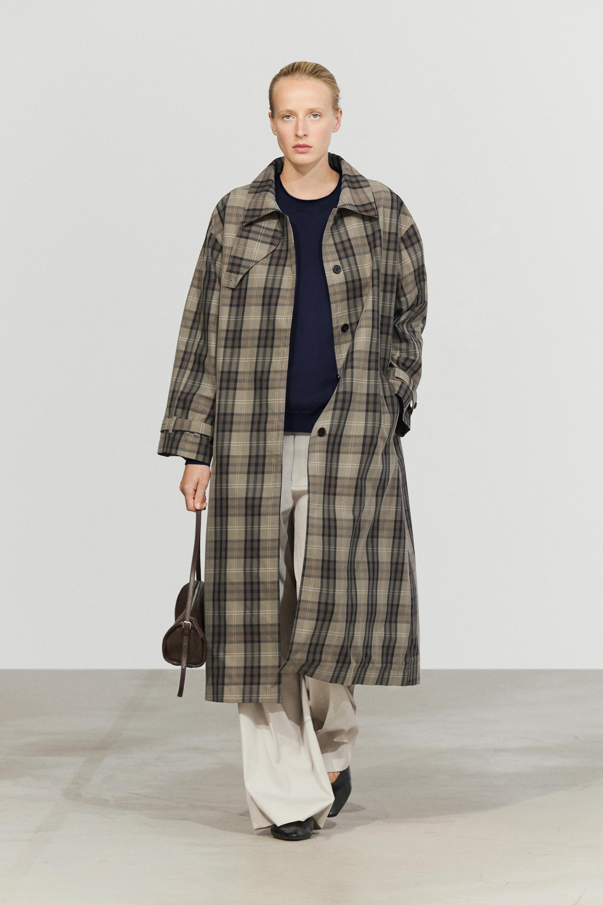 Long cotton blend plaid trench coat Powder