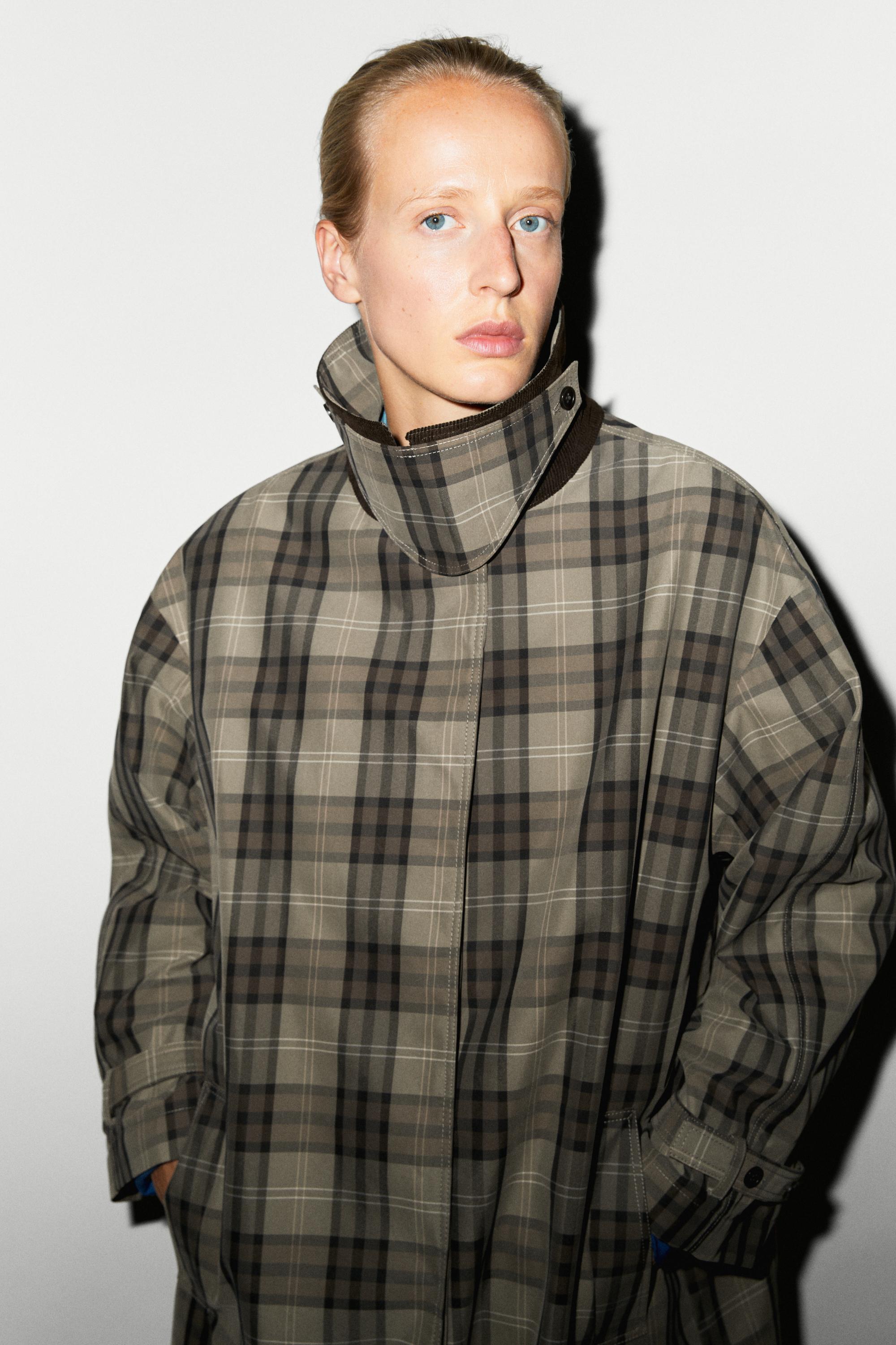 Long cotton blend plaid trench coat Powder