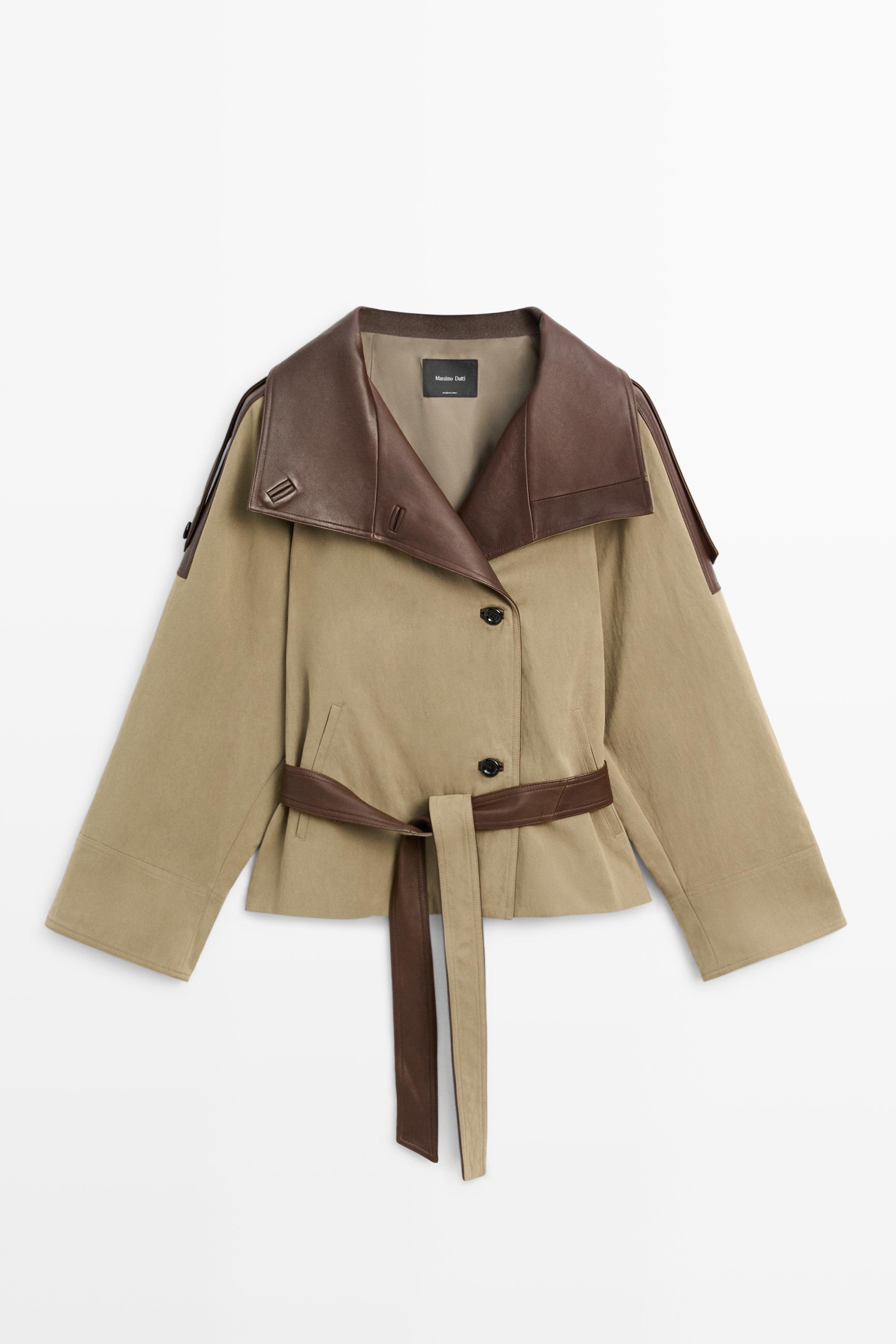 Cropped mixed leather jacket Greyish Green