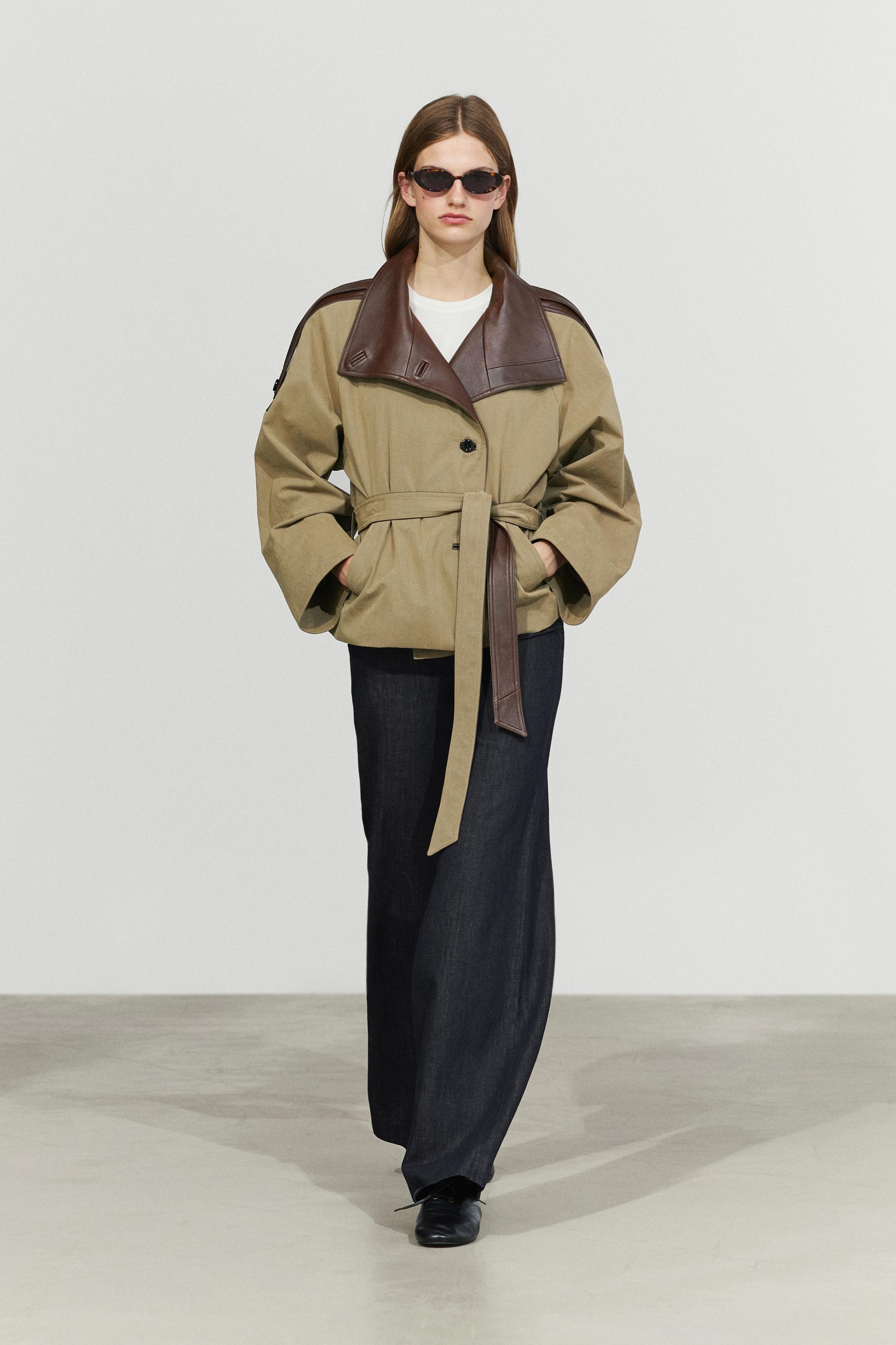 Cropped mixed leather jacket Greyish Green