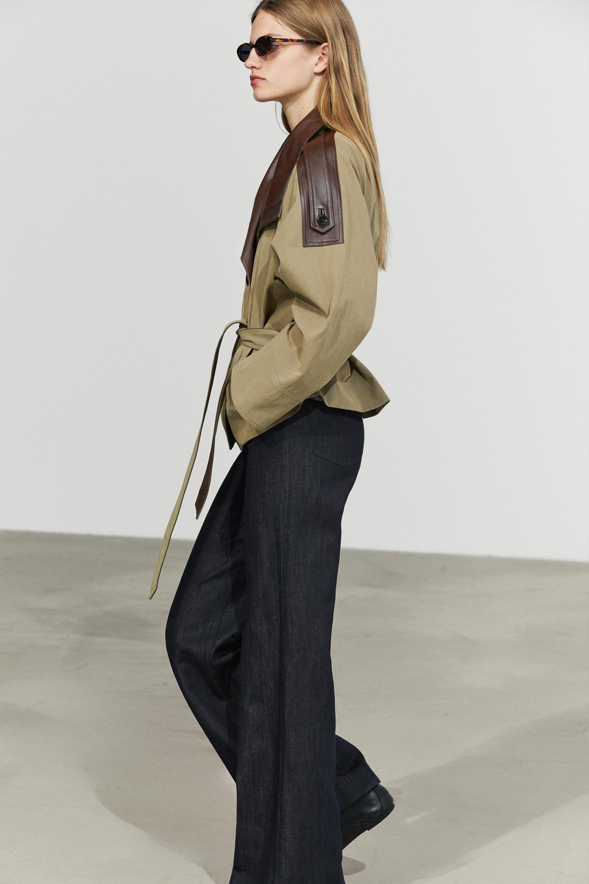 Cropped mixed leather jacket Greyish Green