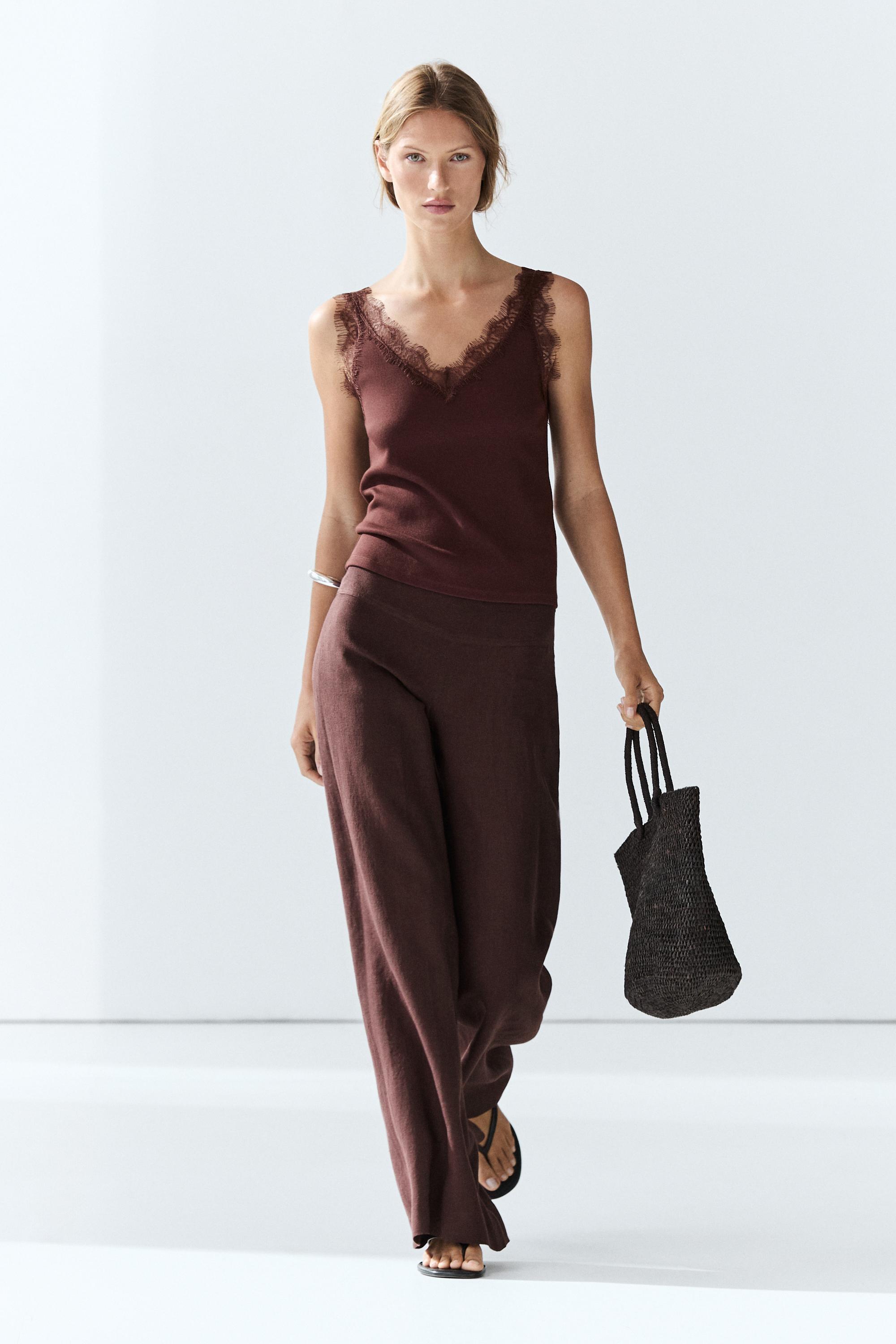 Strappy lace-trim top Brown