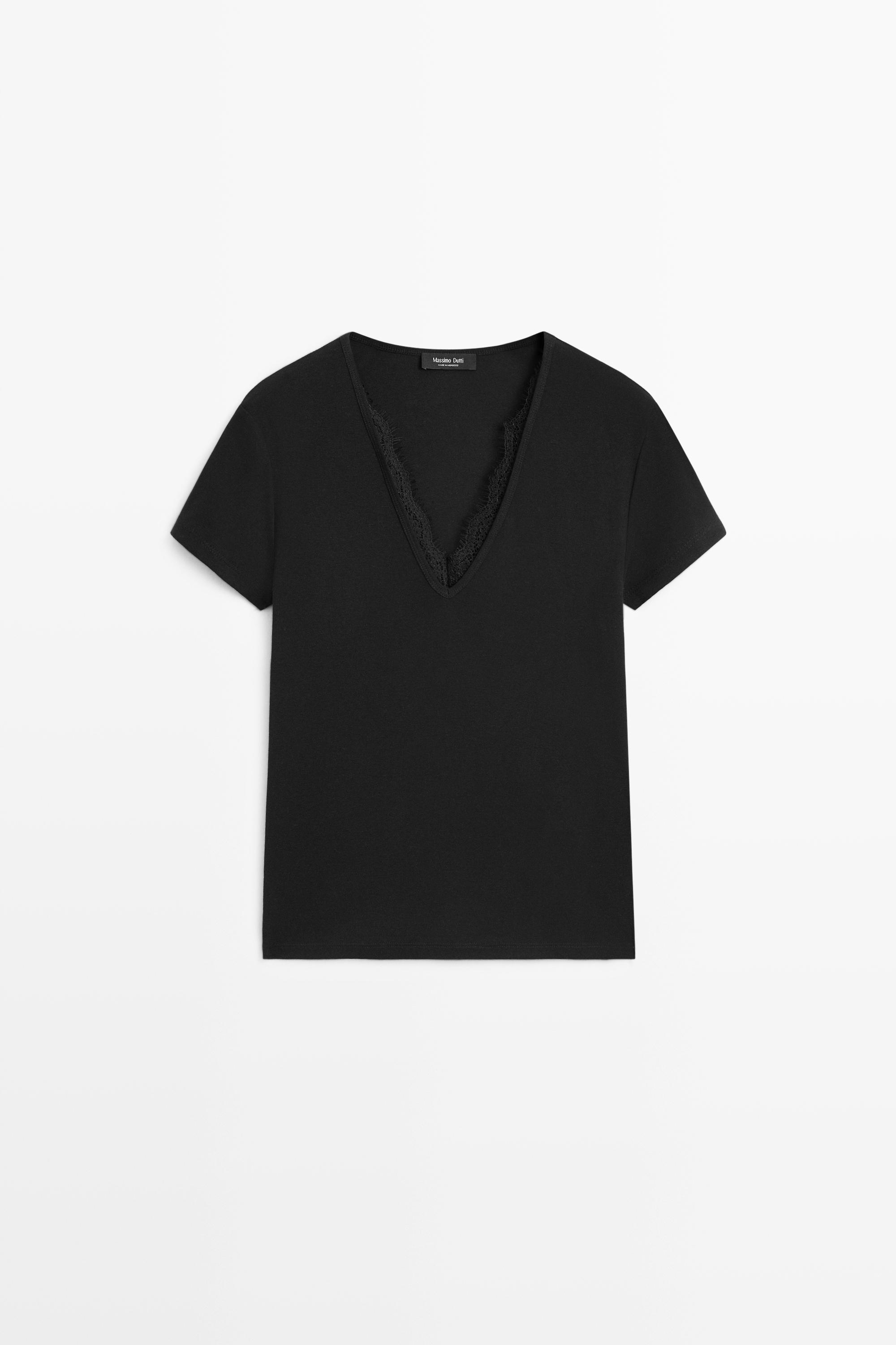 Lace-detail V-neck T-shirt Black