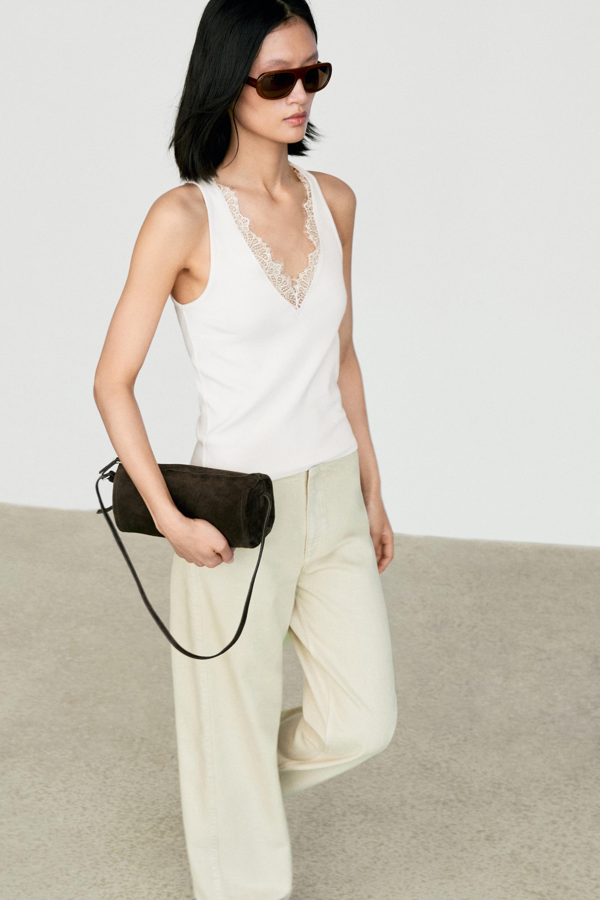 V-neck lace trim camisole top Cream
