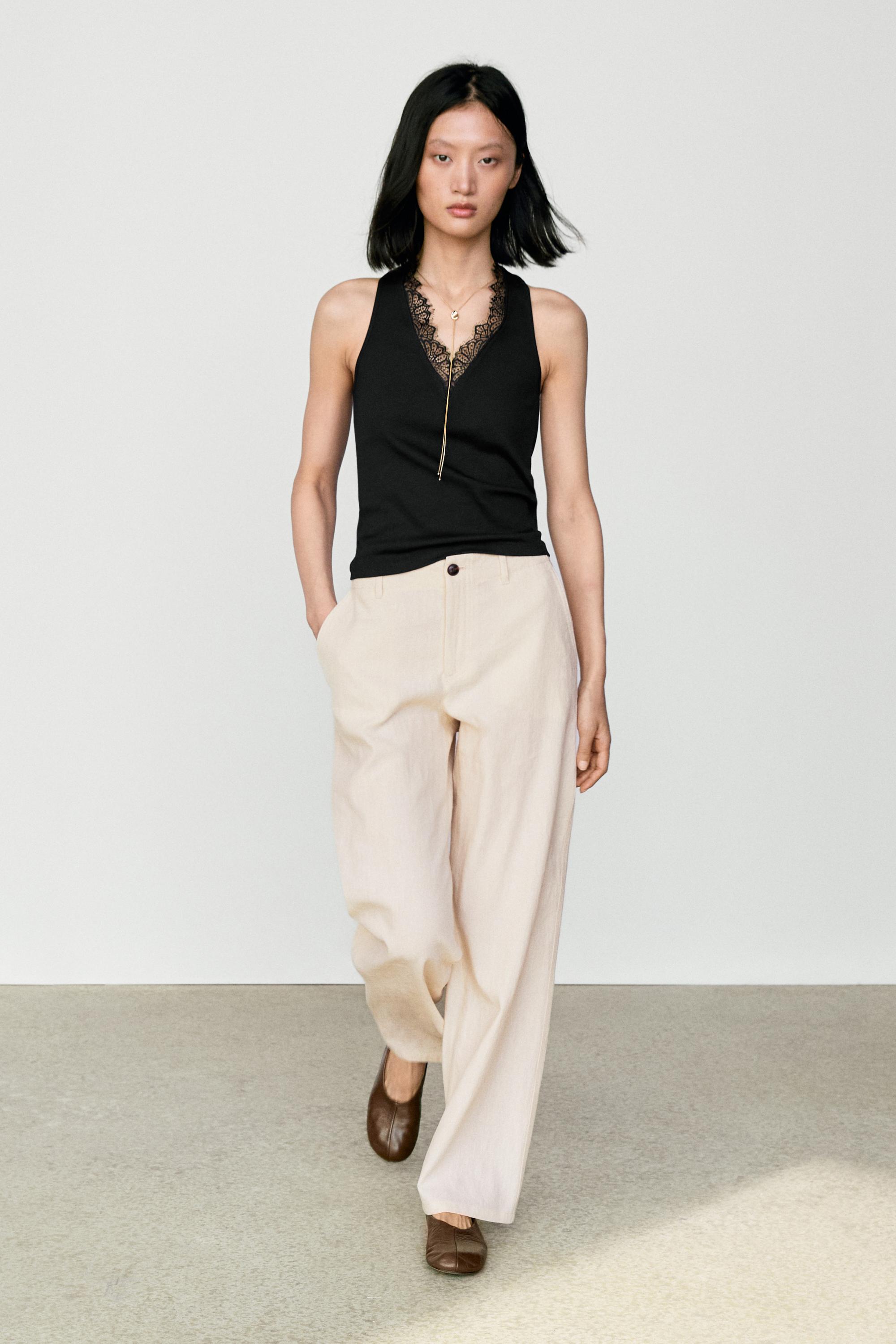 V-neck lace trim camisole top Black