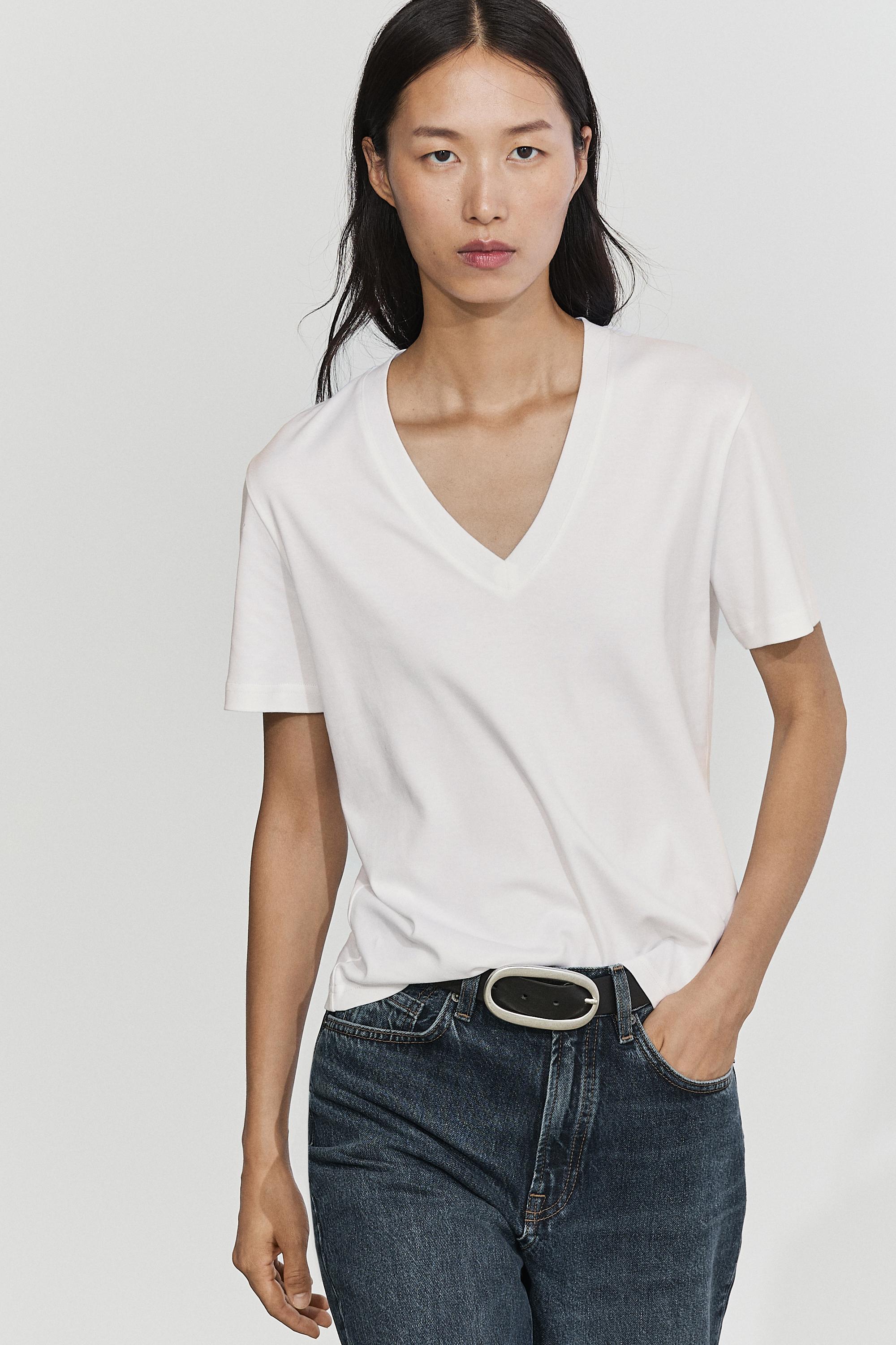 100% cotton interlock V-neck T-shirt White