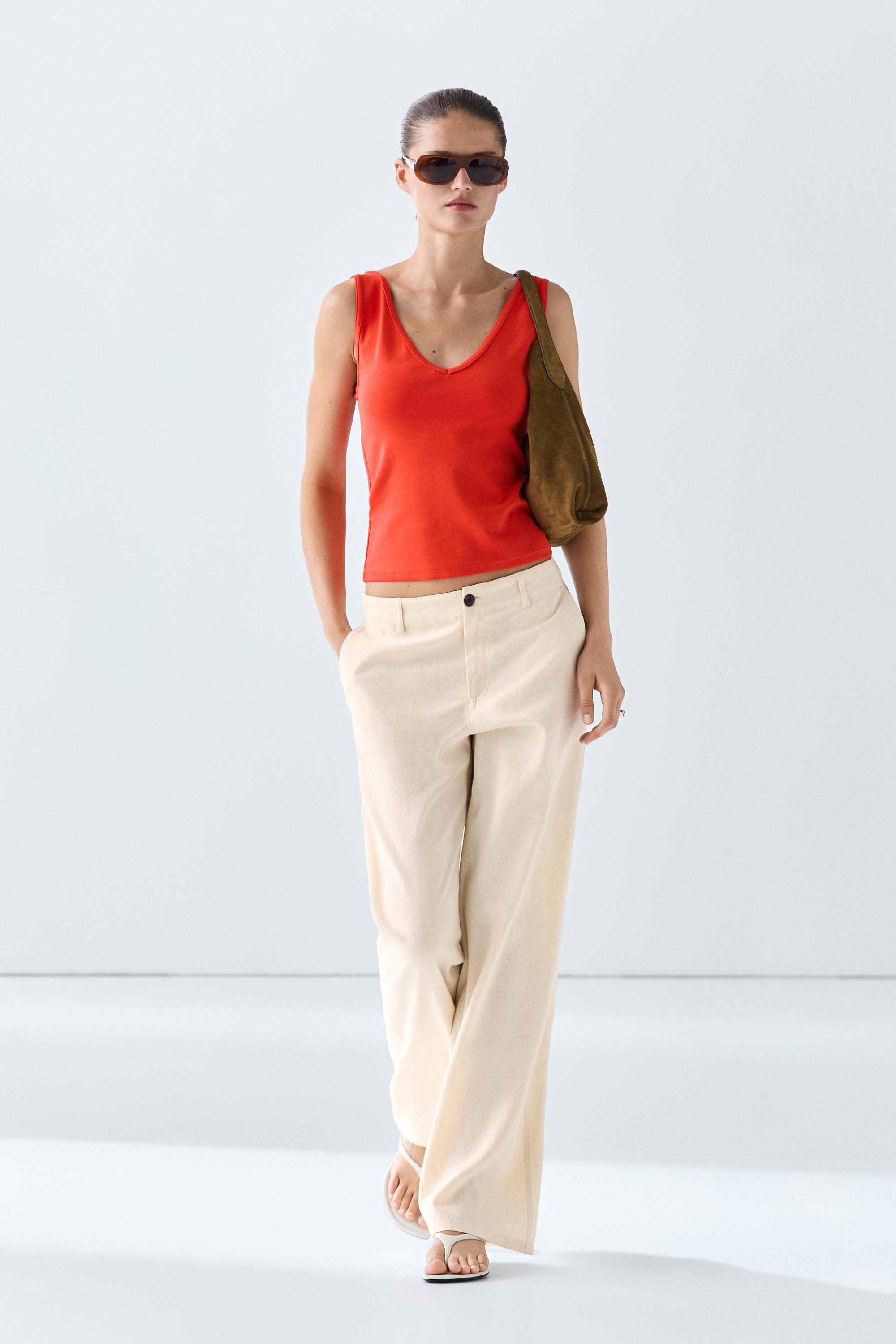 Cotton blend strappy top Coral