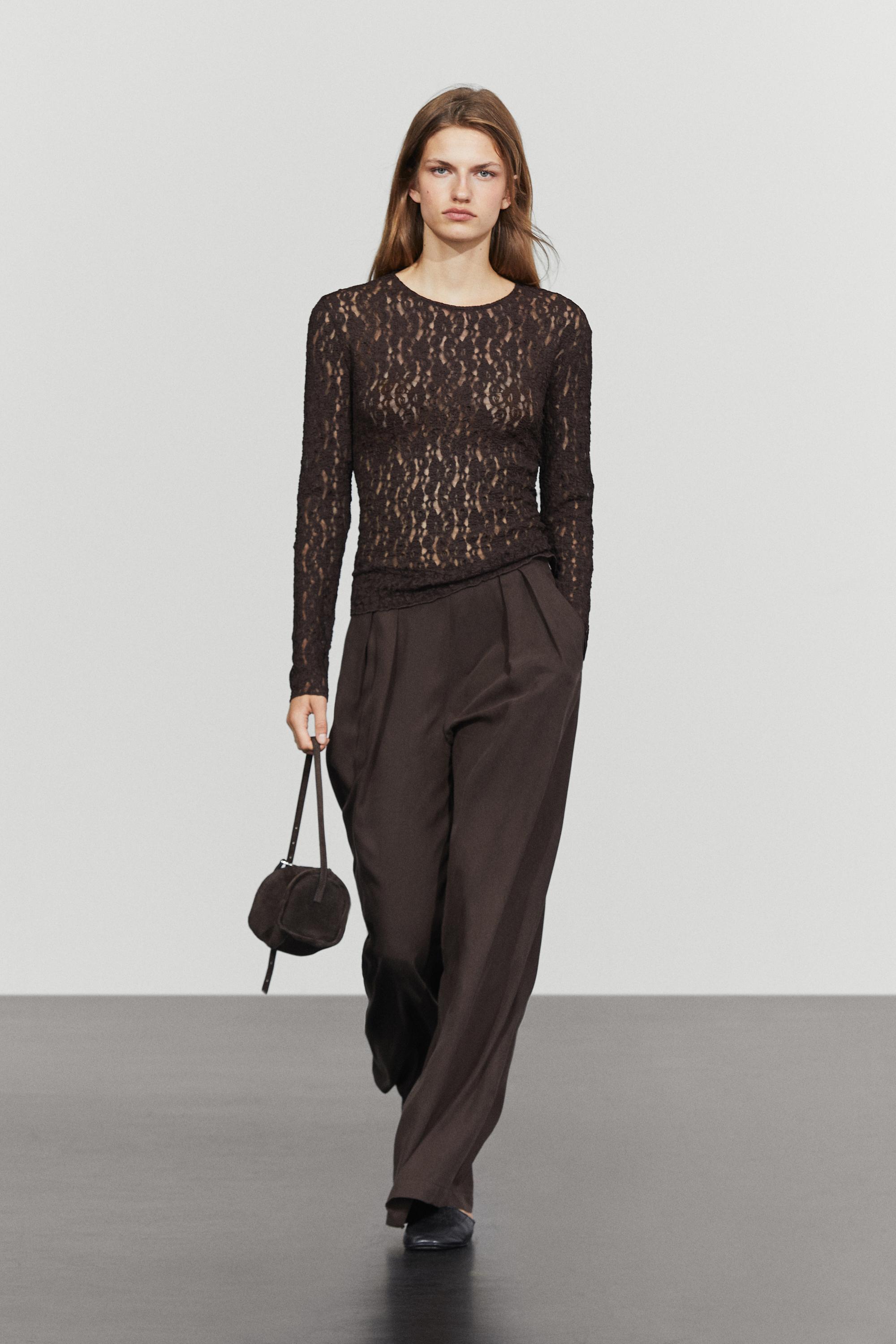 Long sleeve lace detail T-shirt Brown