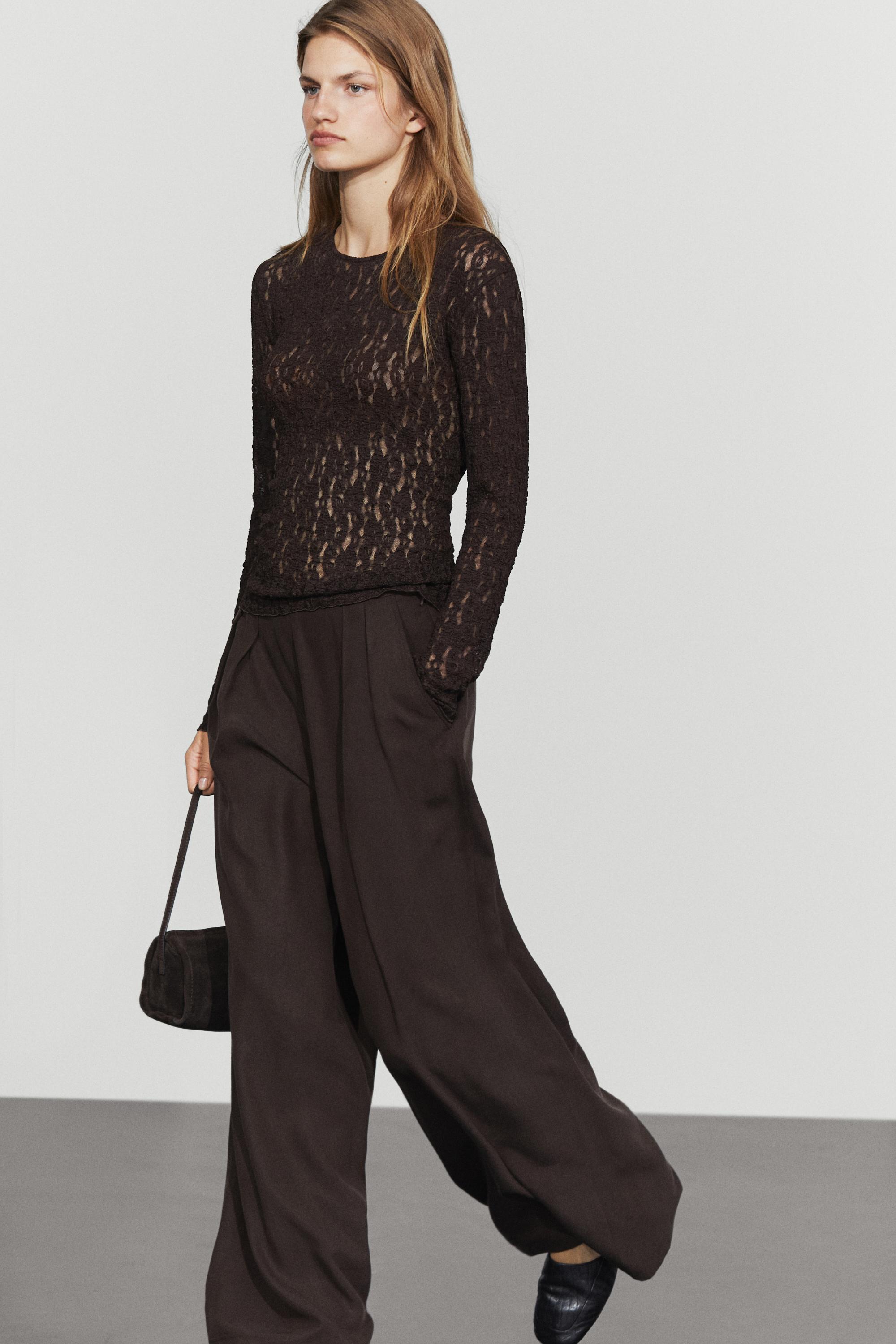 Long sleeve lace detail T-shirt Brown