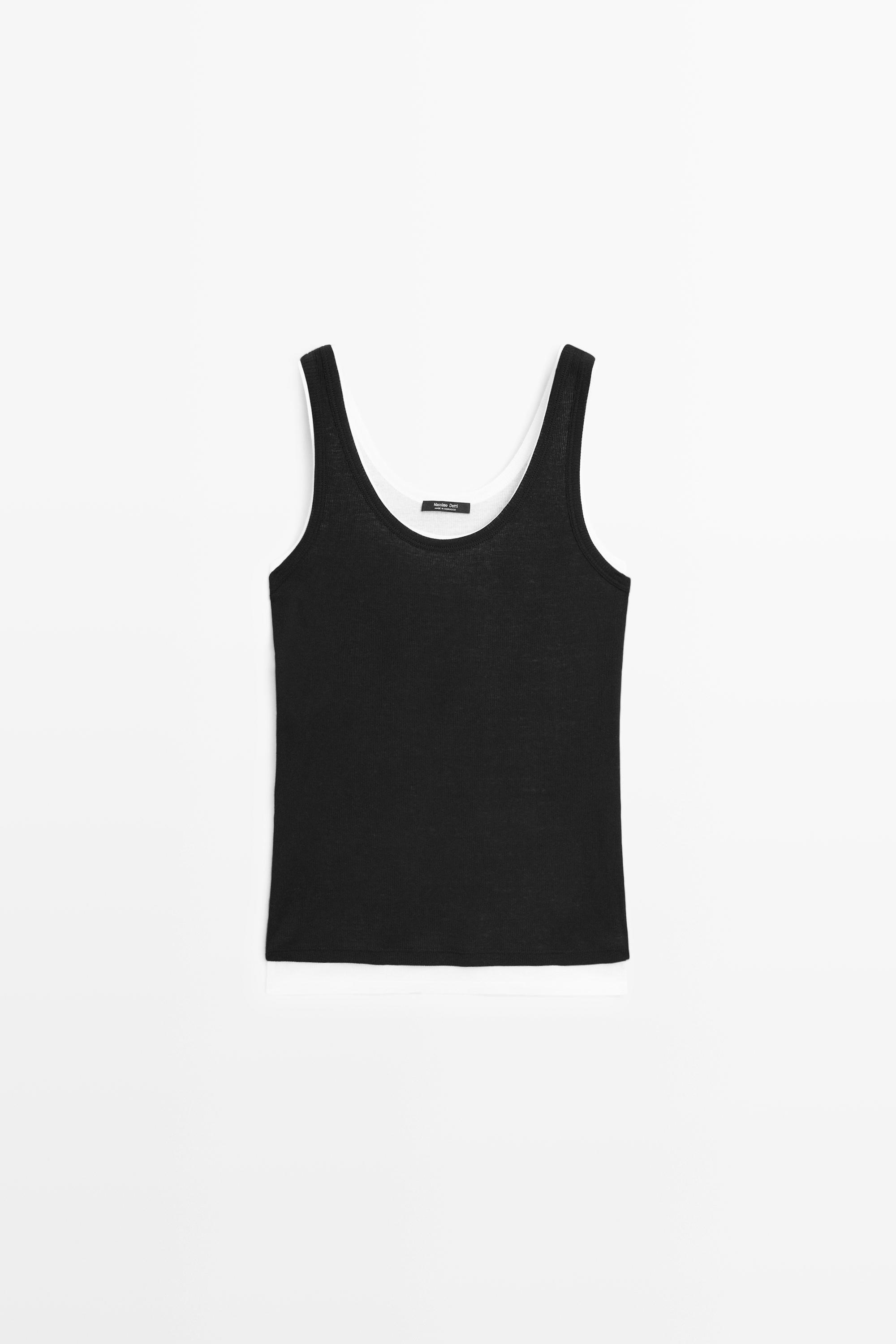 Cotton blend ribbed double-layer top Black