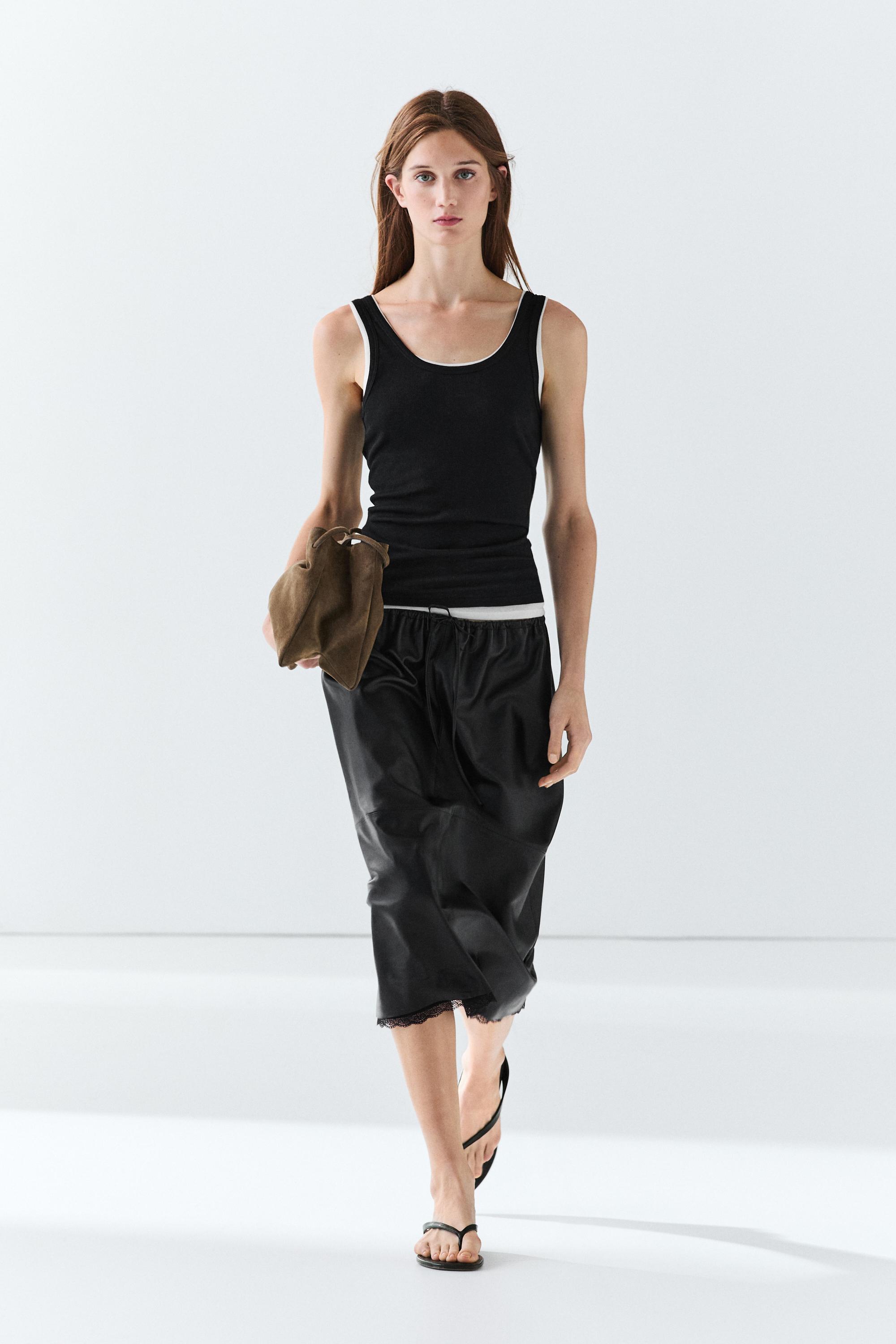 Cotton blend ribbed double-layer top Black