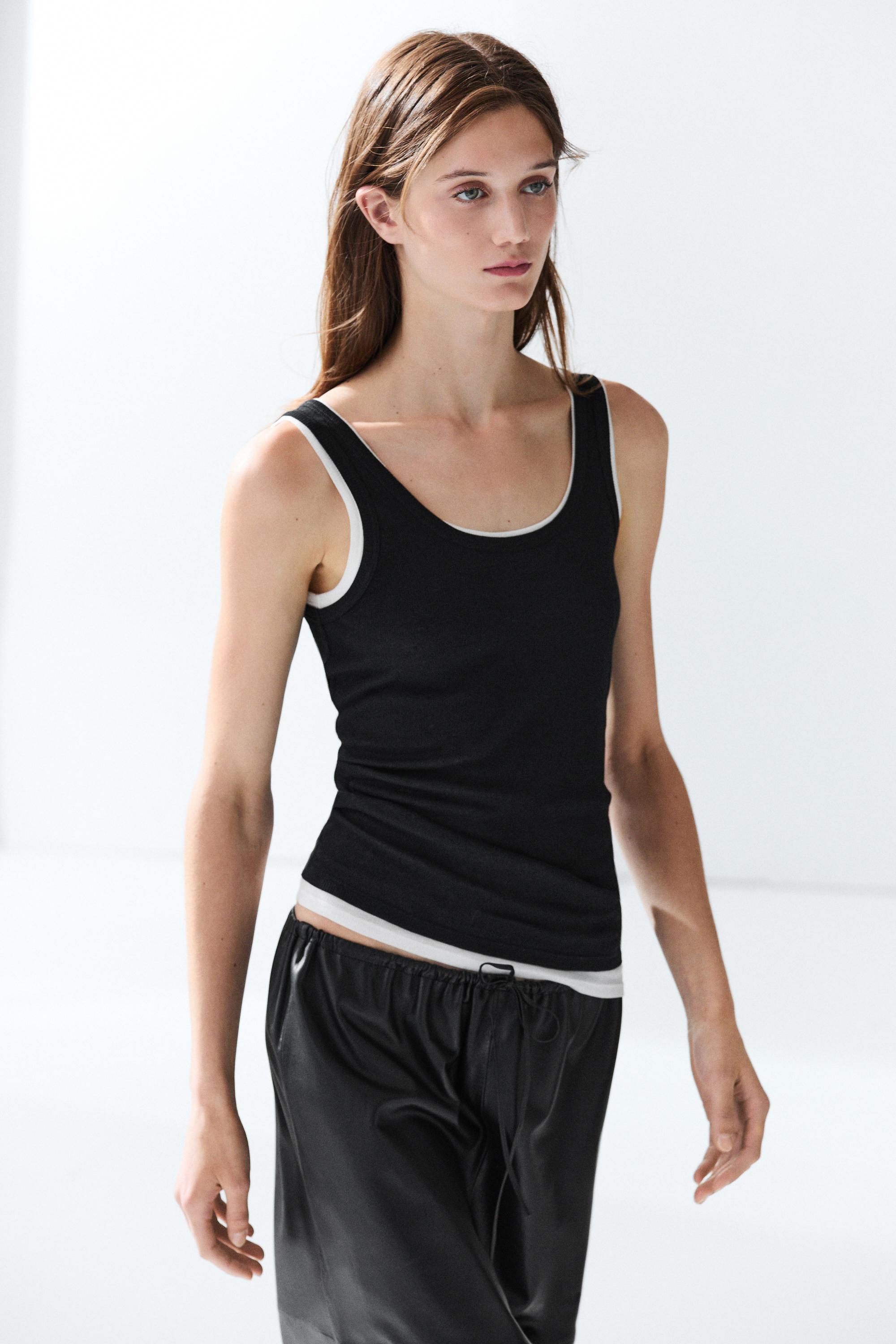 Cotton blend ribbed double-layer top Black