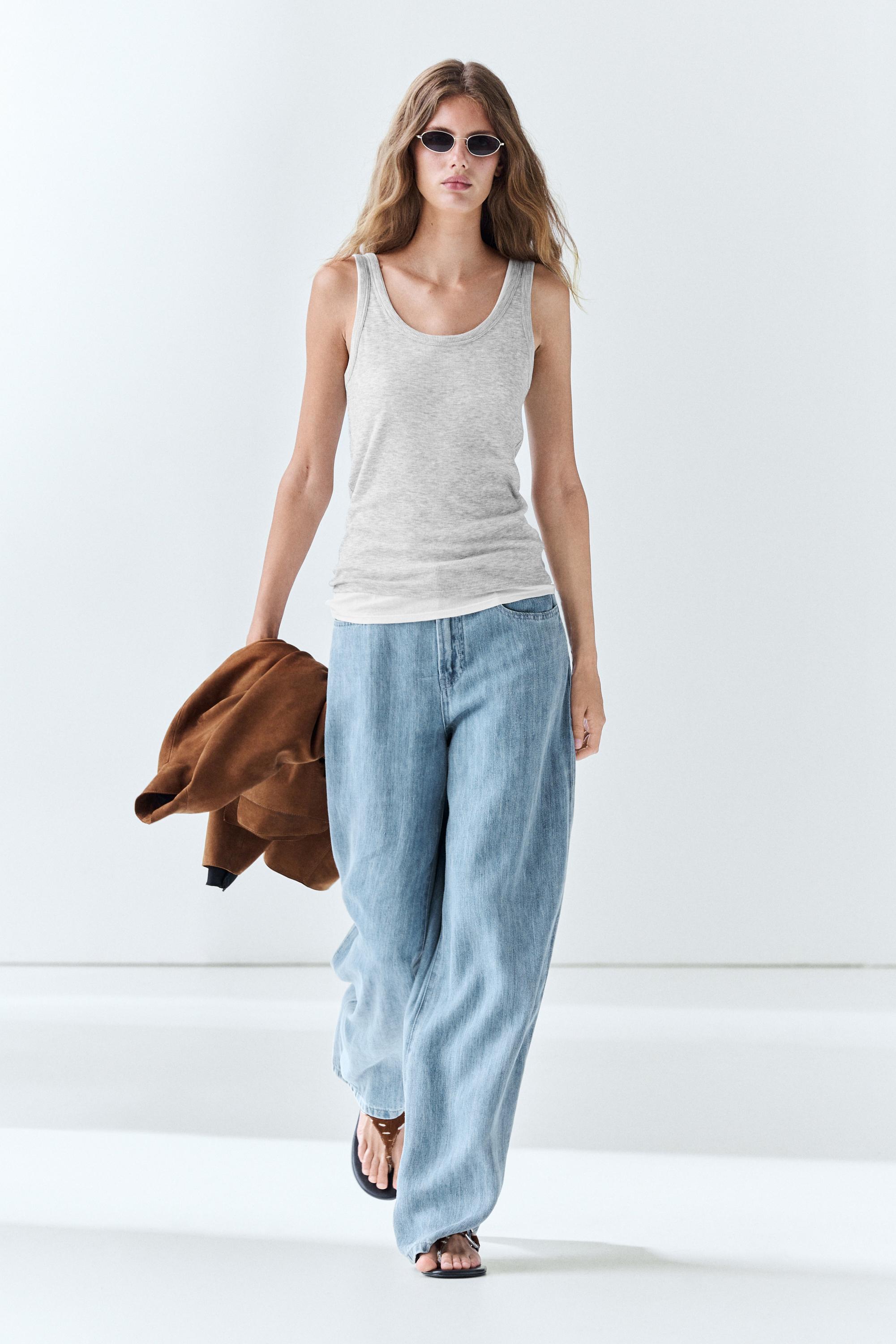 Cotton blend ribbed double-layer top Grey