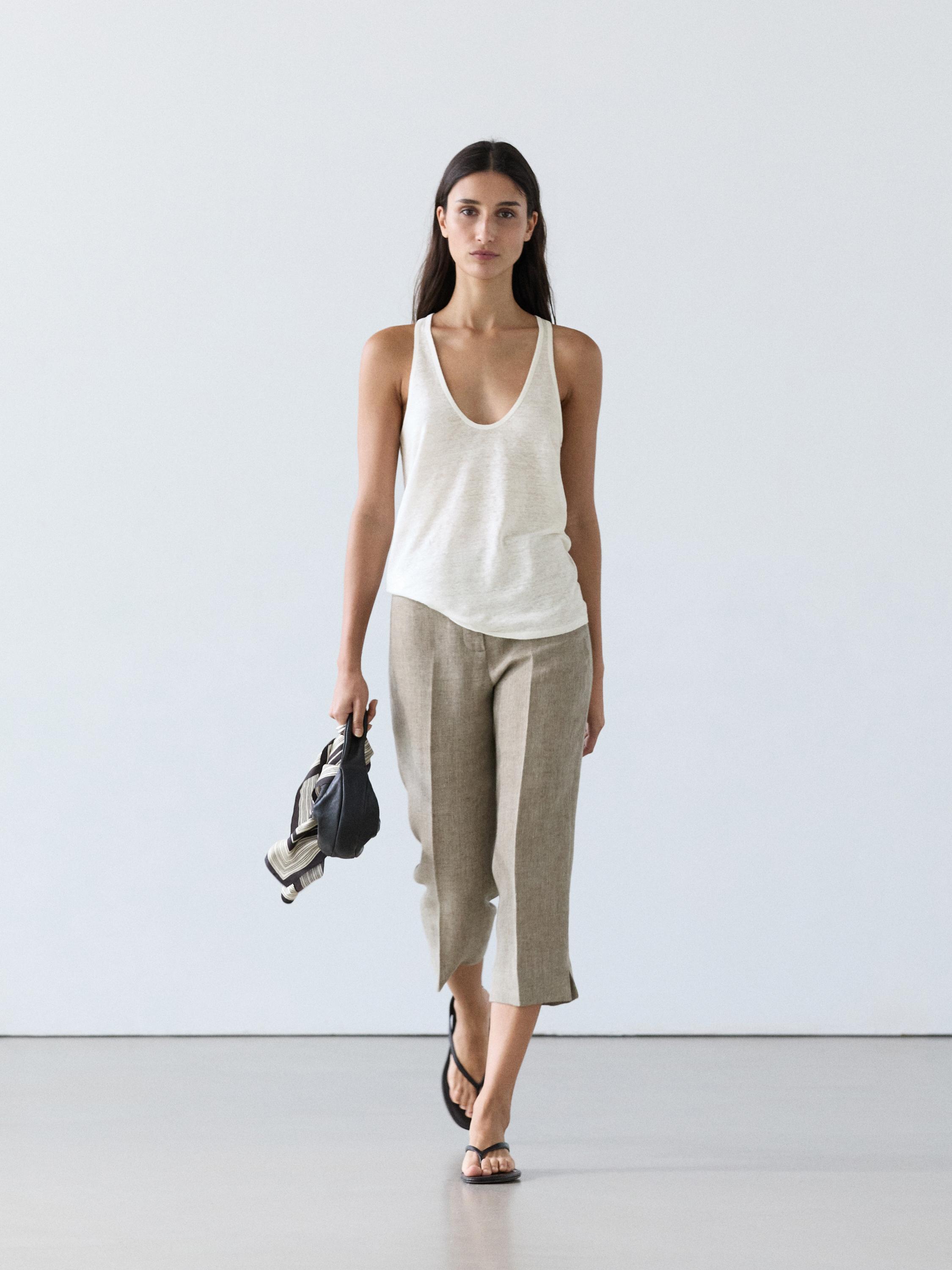 100% linen strappy top Off White