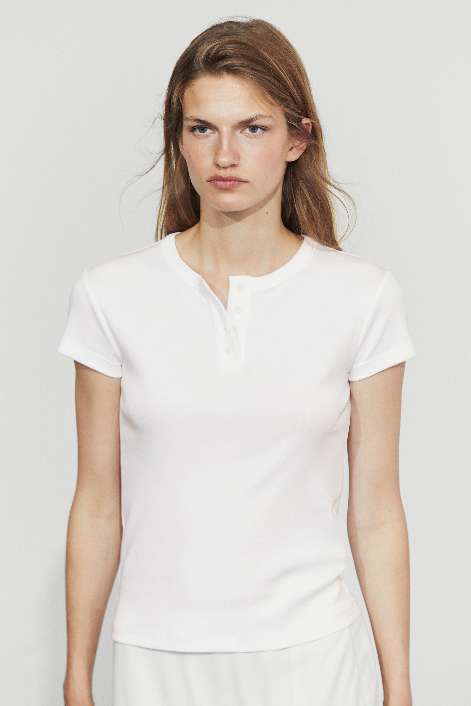 100% cotton short sleeve henley T-shirt White