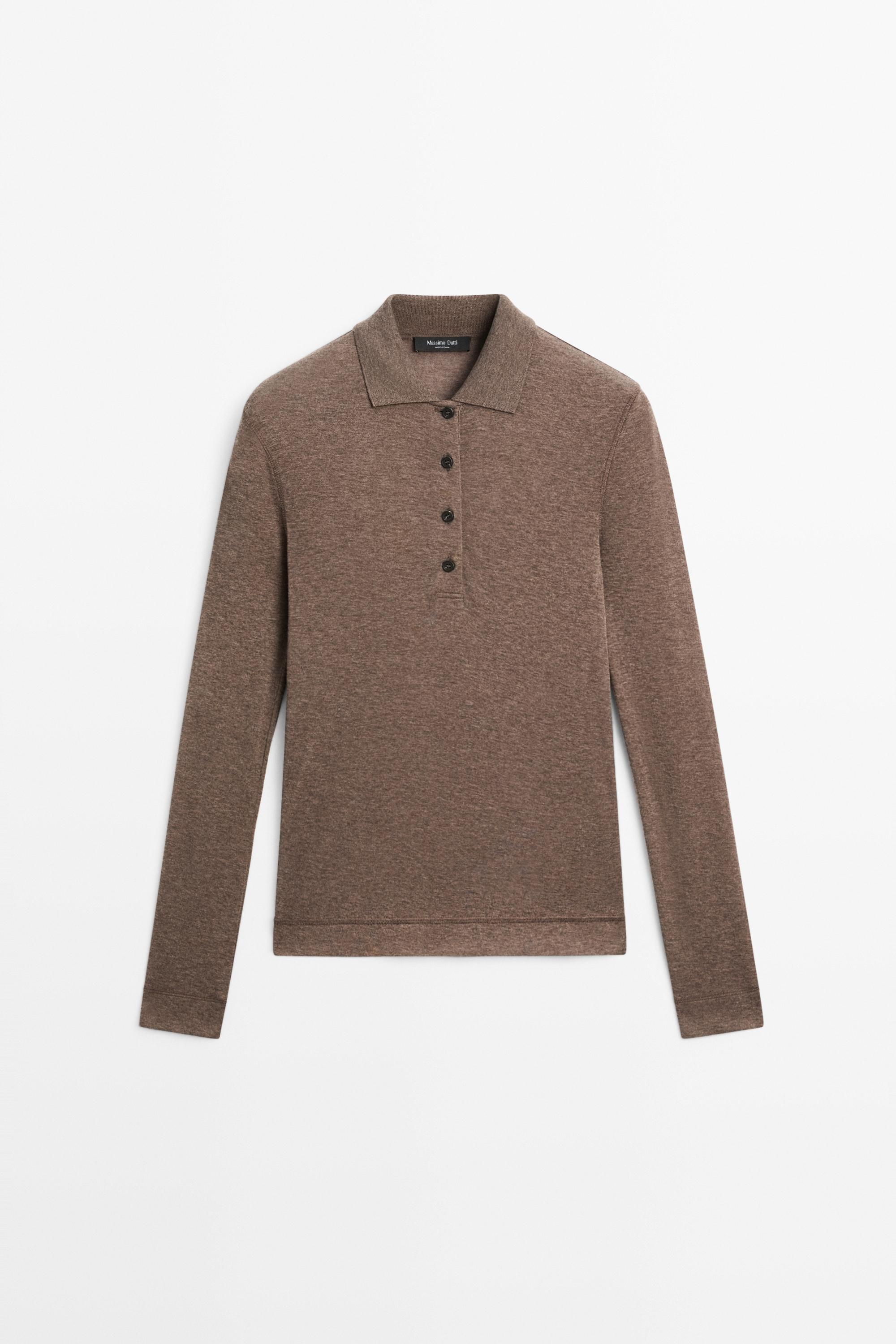Long sleeve wool polo shirt Mink