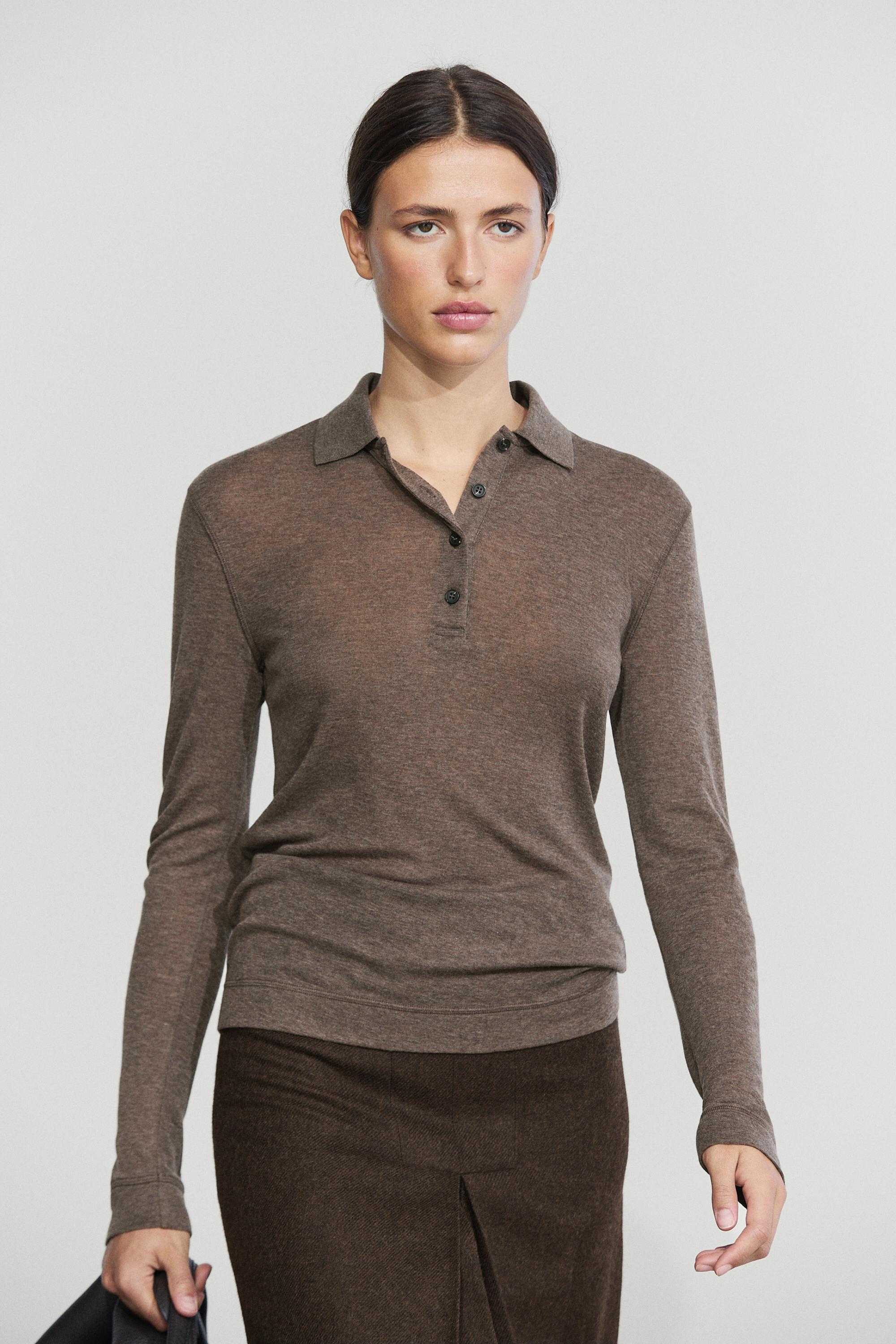Long sleeve wool polo shirt Mink