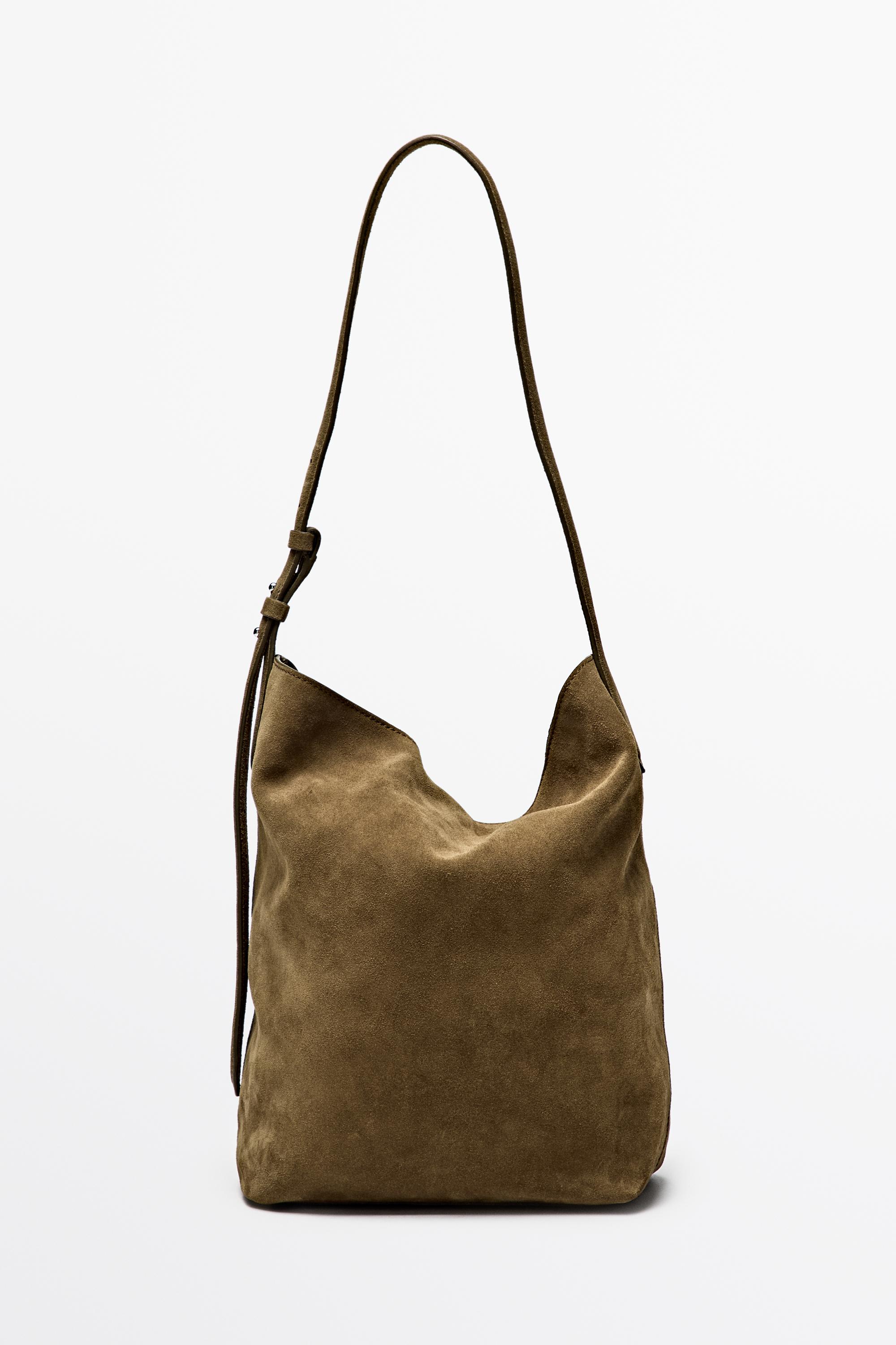 Distressed split suede leather bucket bag Khaki Green