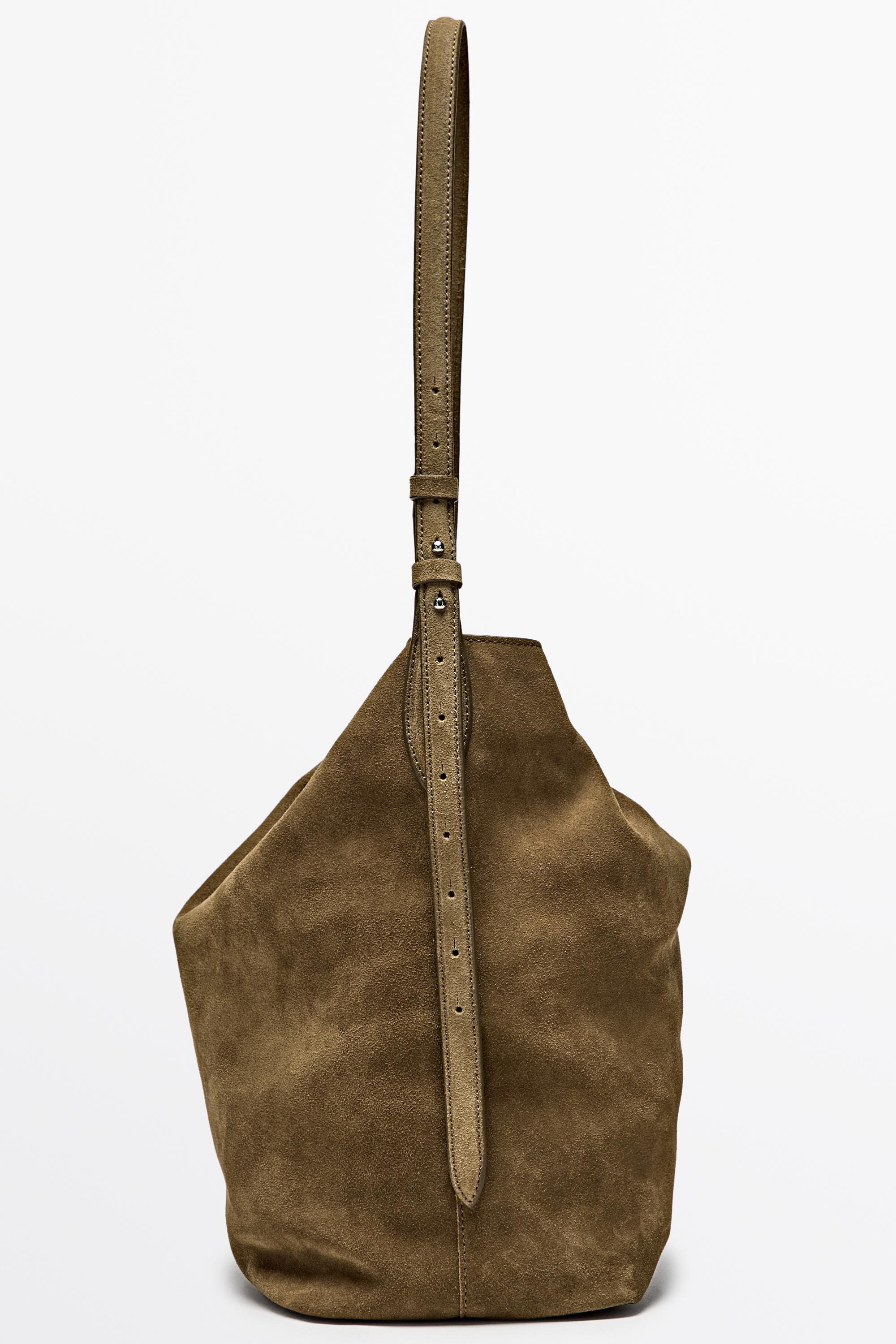 Distressed split suede leather bucket bag Khaki Green