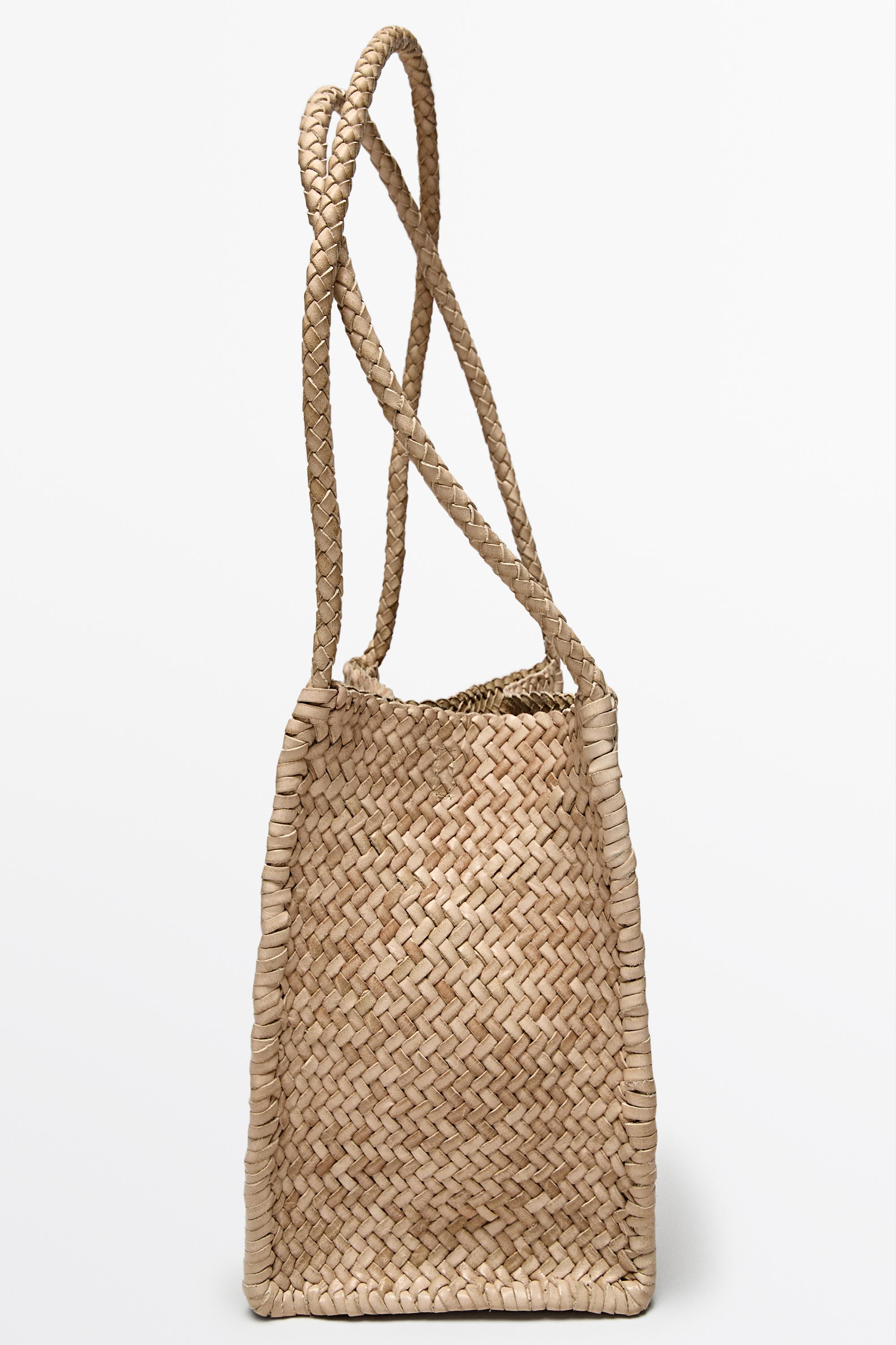 Nappa leather woven bucket bag Cream