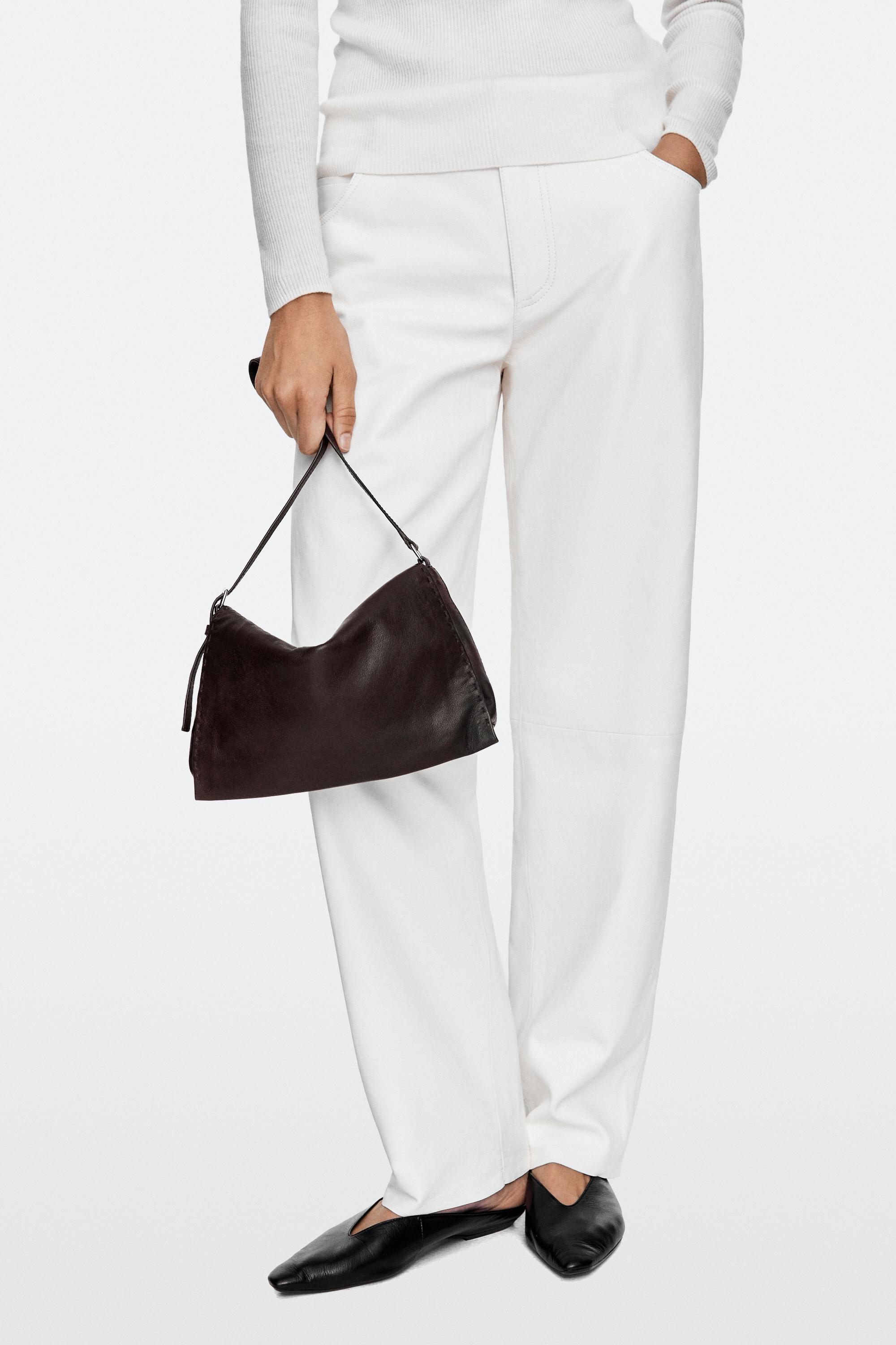Nappa leather crossbody bag with topstitching Brown