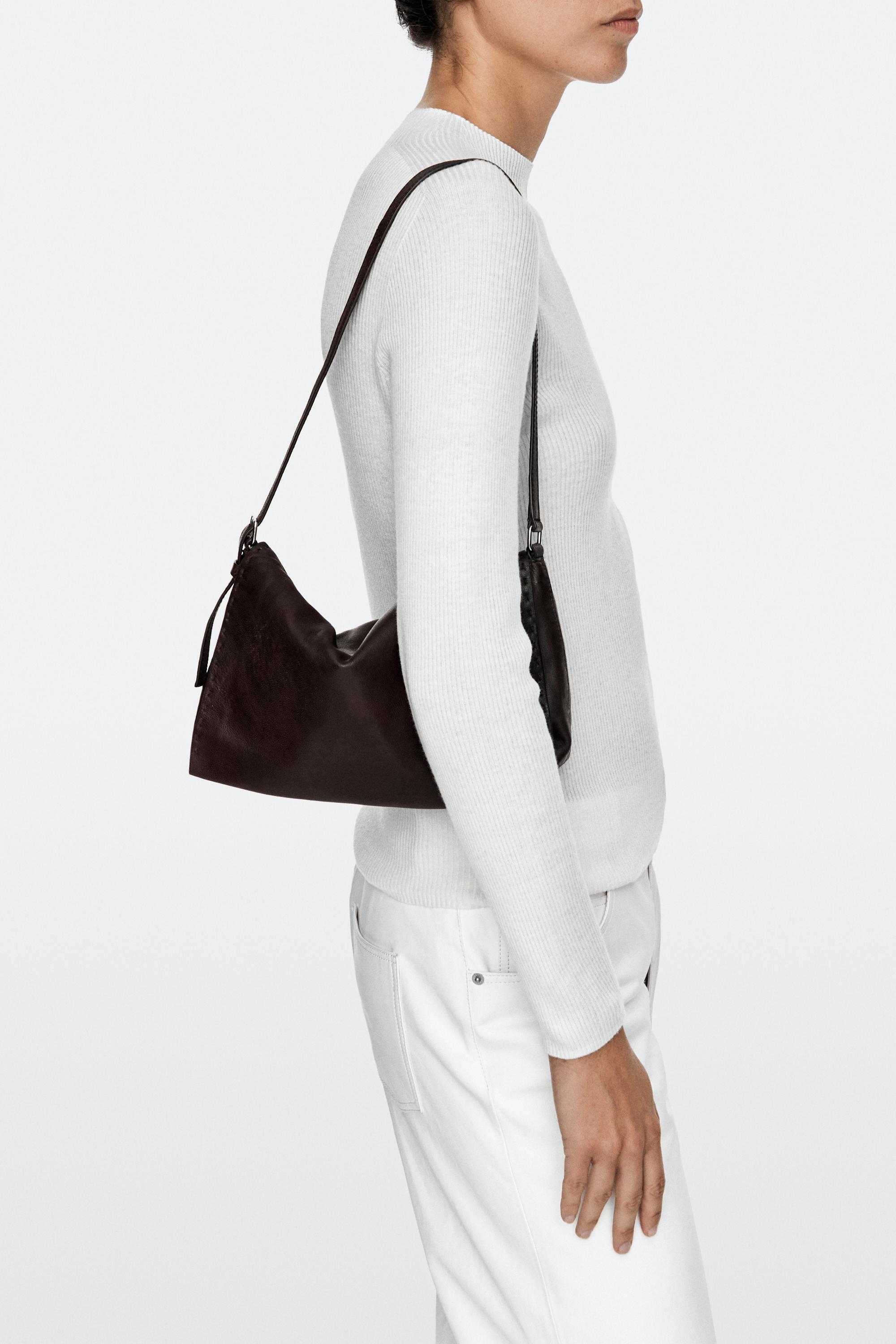 Nappa leather crossbody bag with topstitching Brown