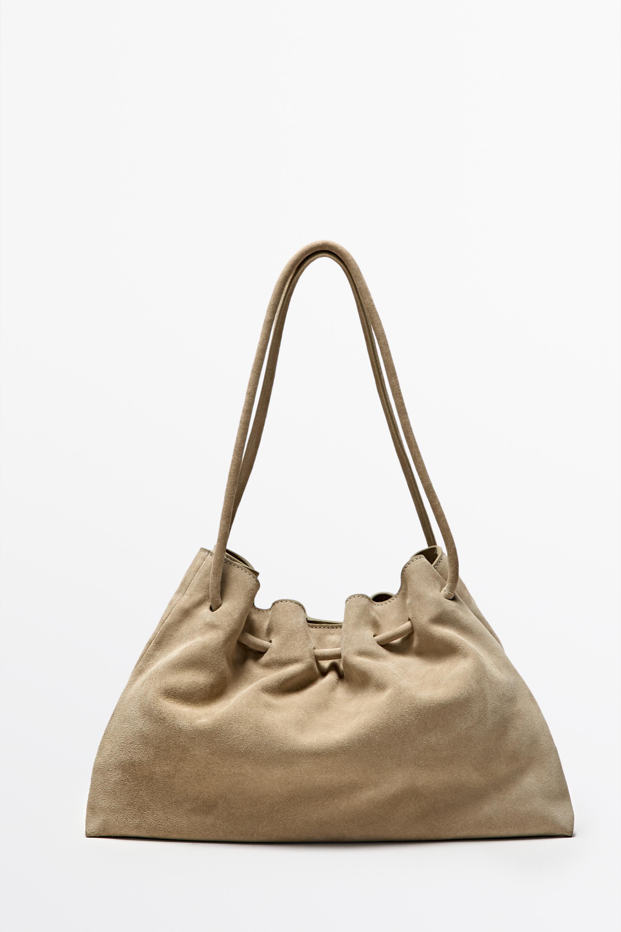 Ruched split suede leather bag Ecru