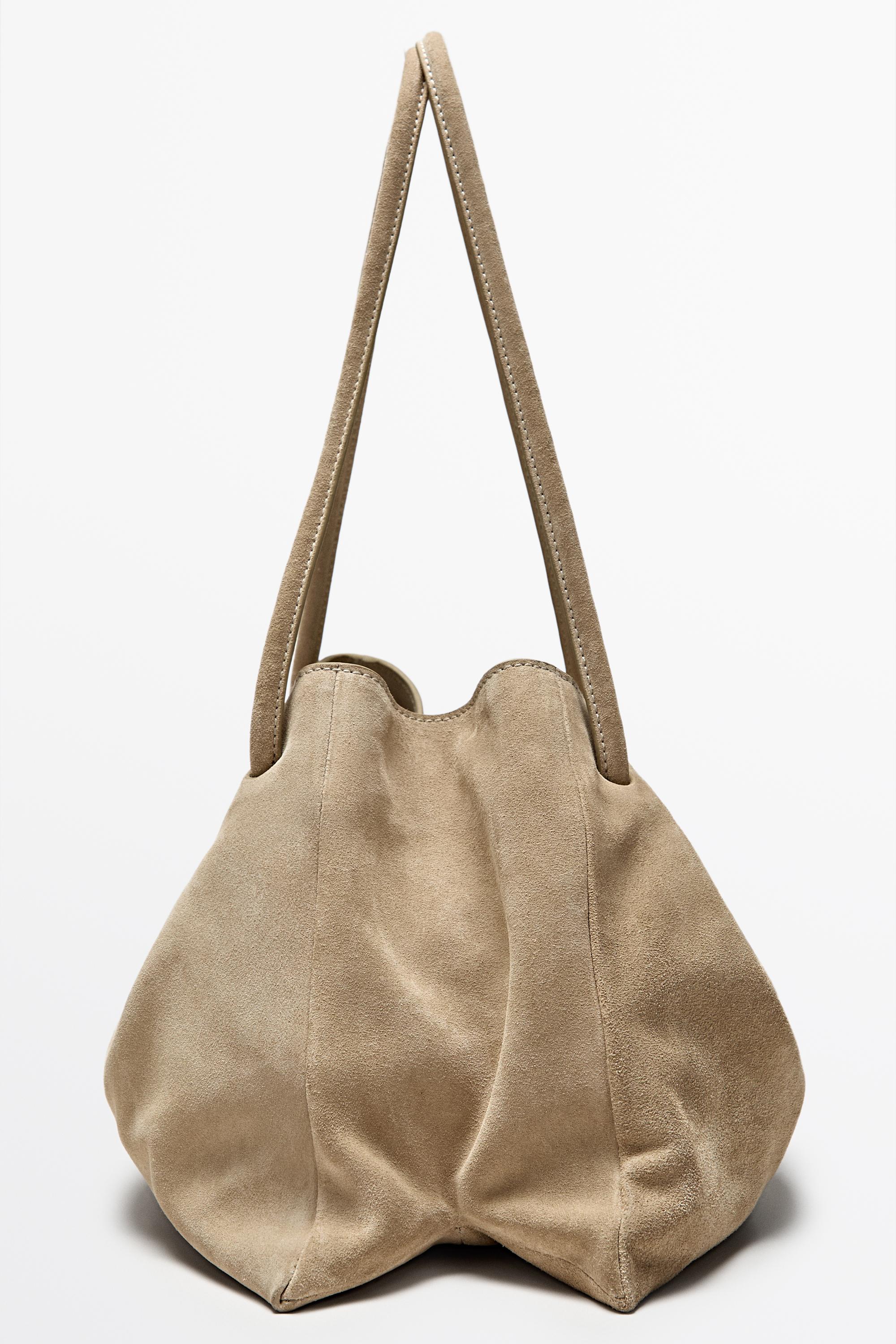 Ruched split suede leather bag Ecru