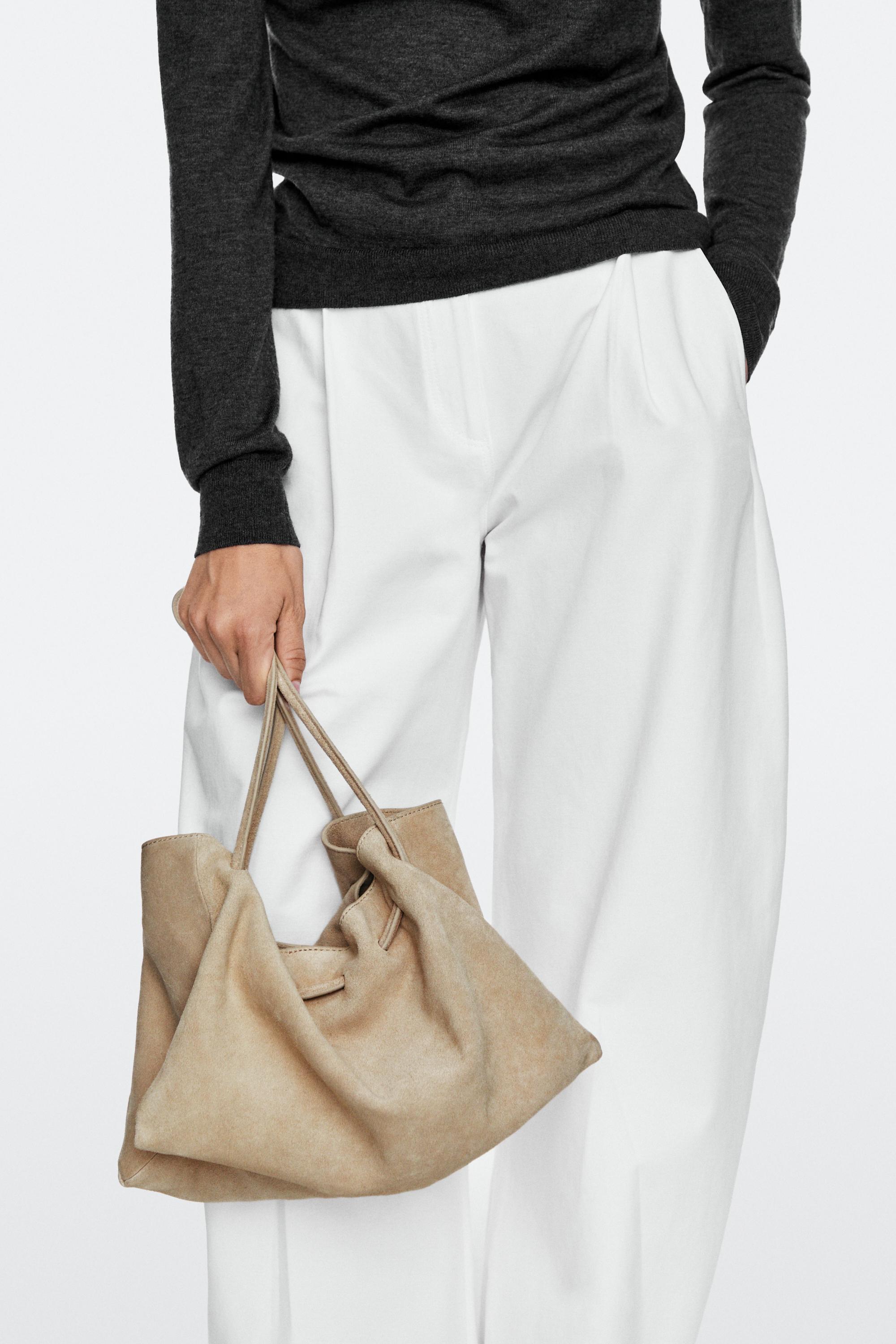 Ruched split suede leather bag Ecru