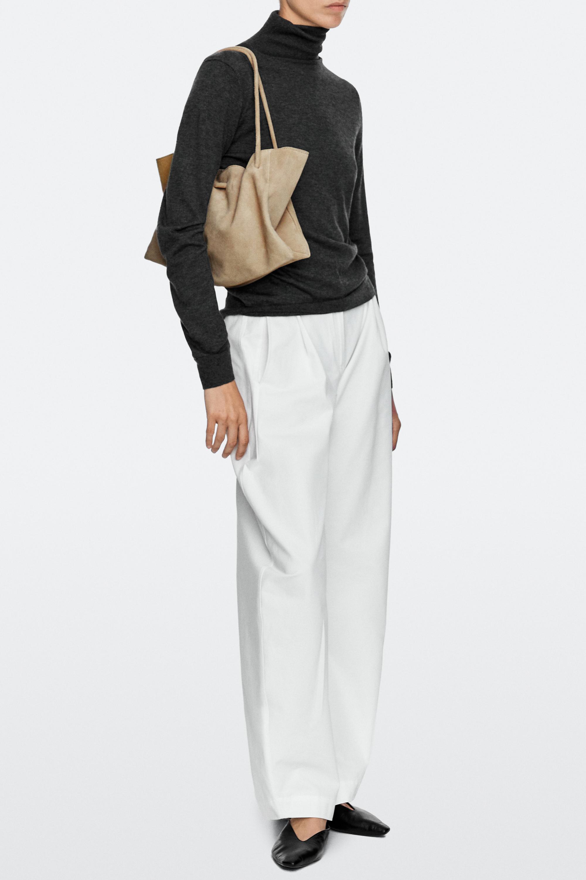 Ruched split suede leather bag Ecru