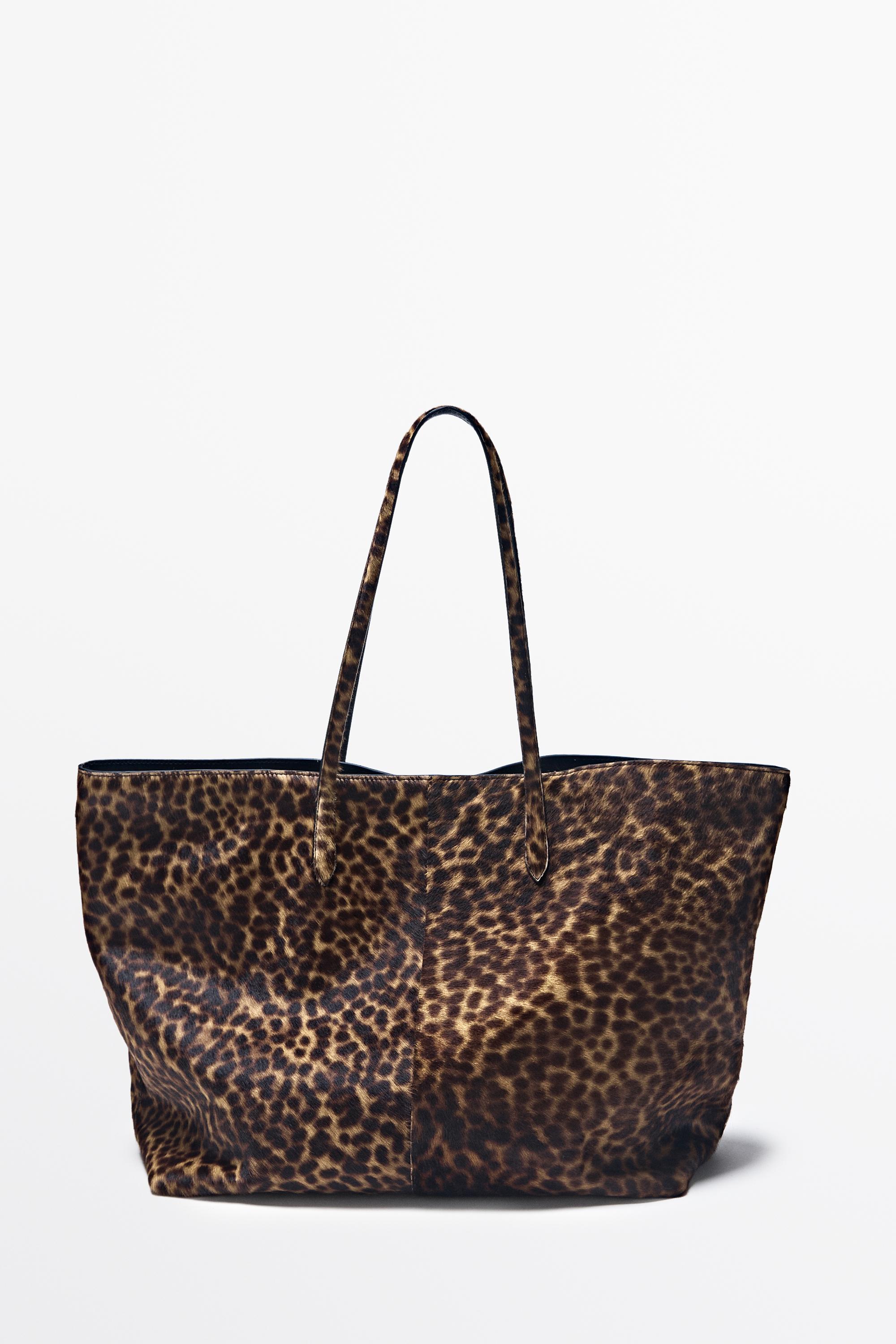 Large fur leather tote bag Ecru