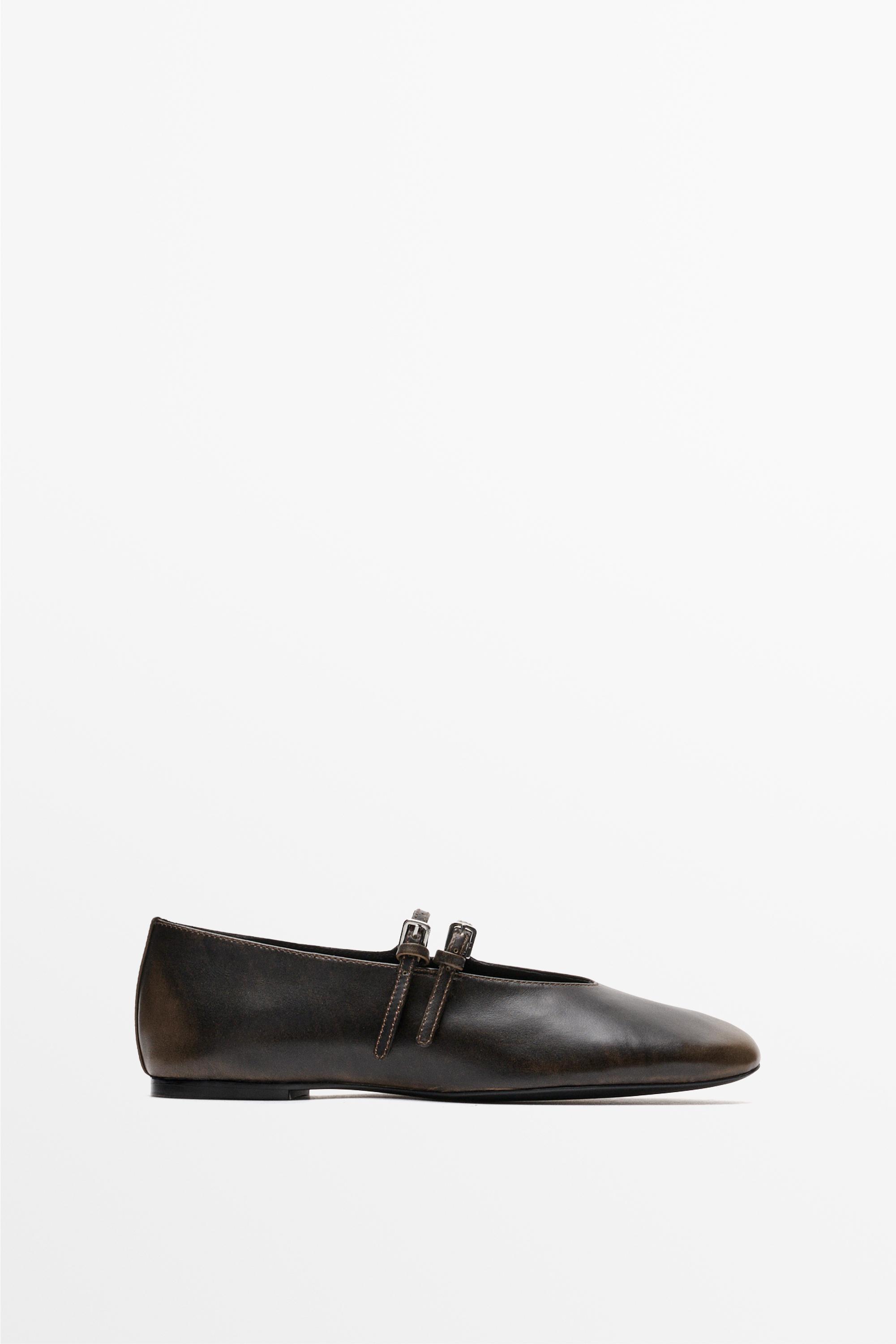 Double-strap leather ballet flat Brown