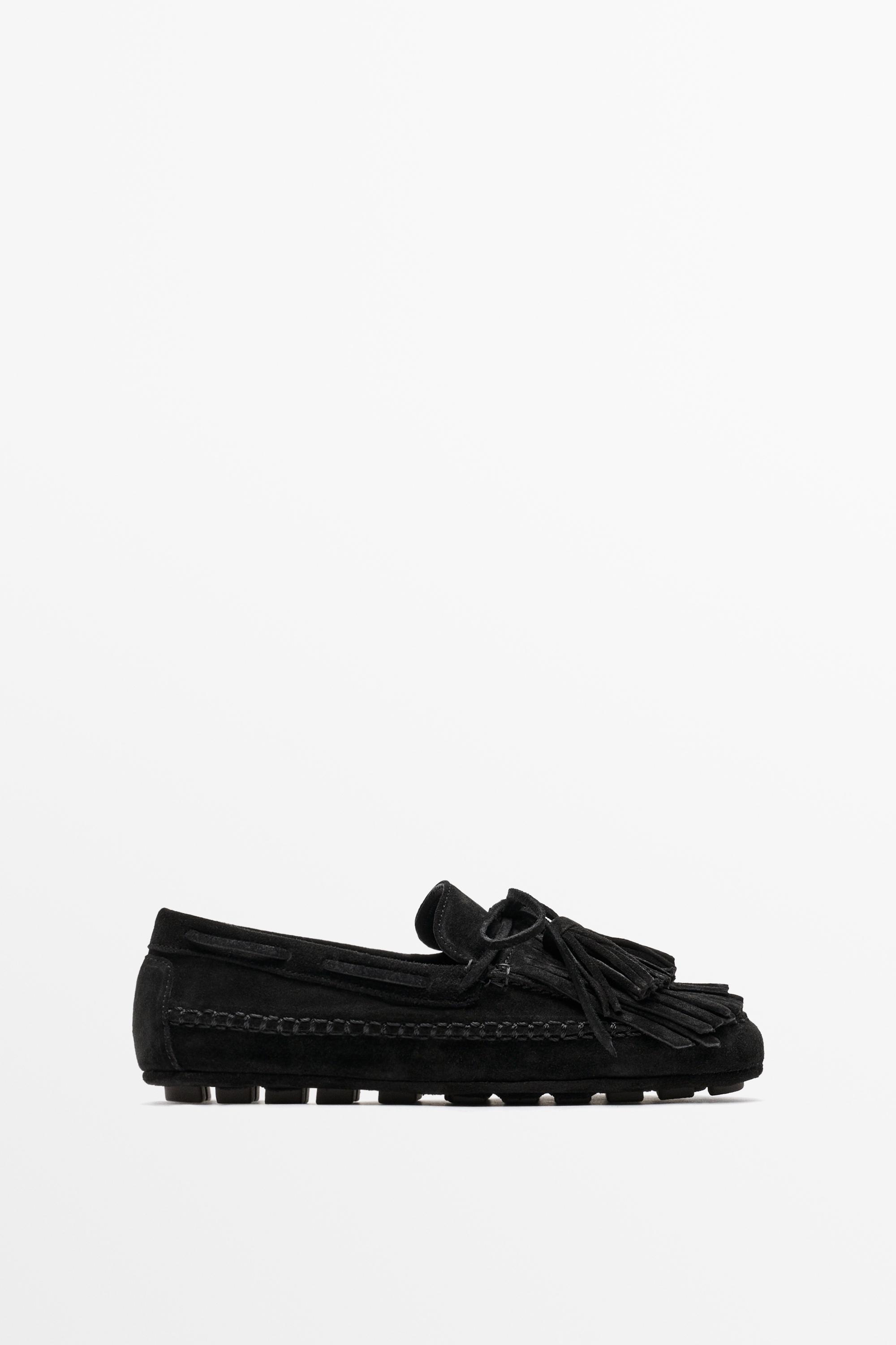 Leather fringed and tassel loafers Black
