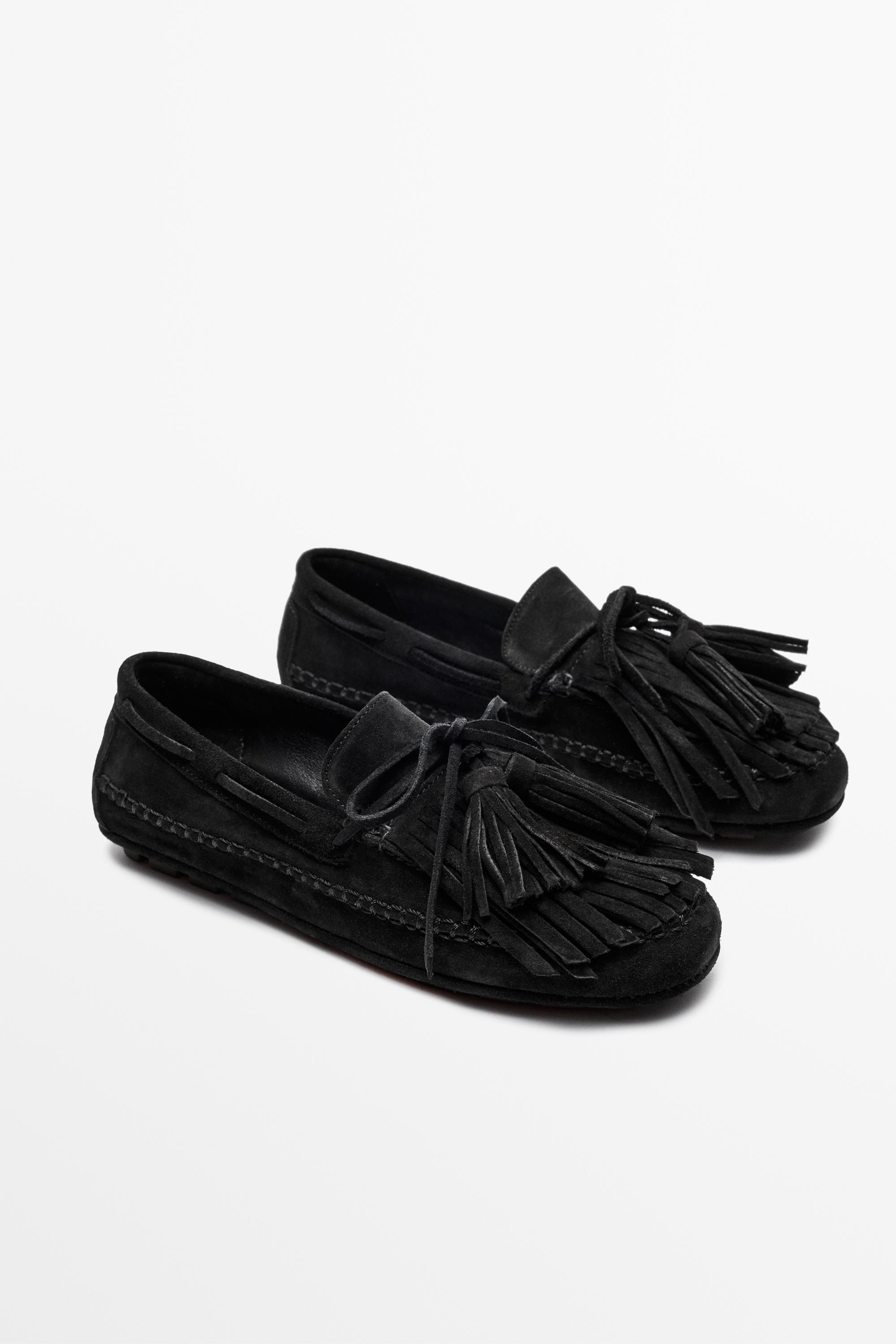 Leather fringed and tassel loafers Black