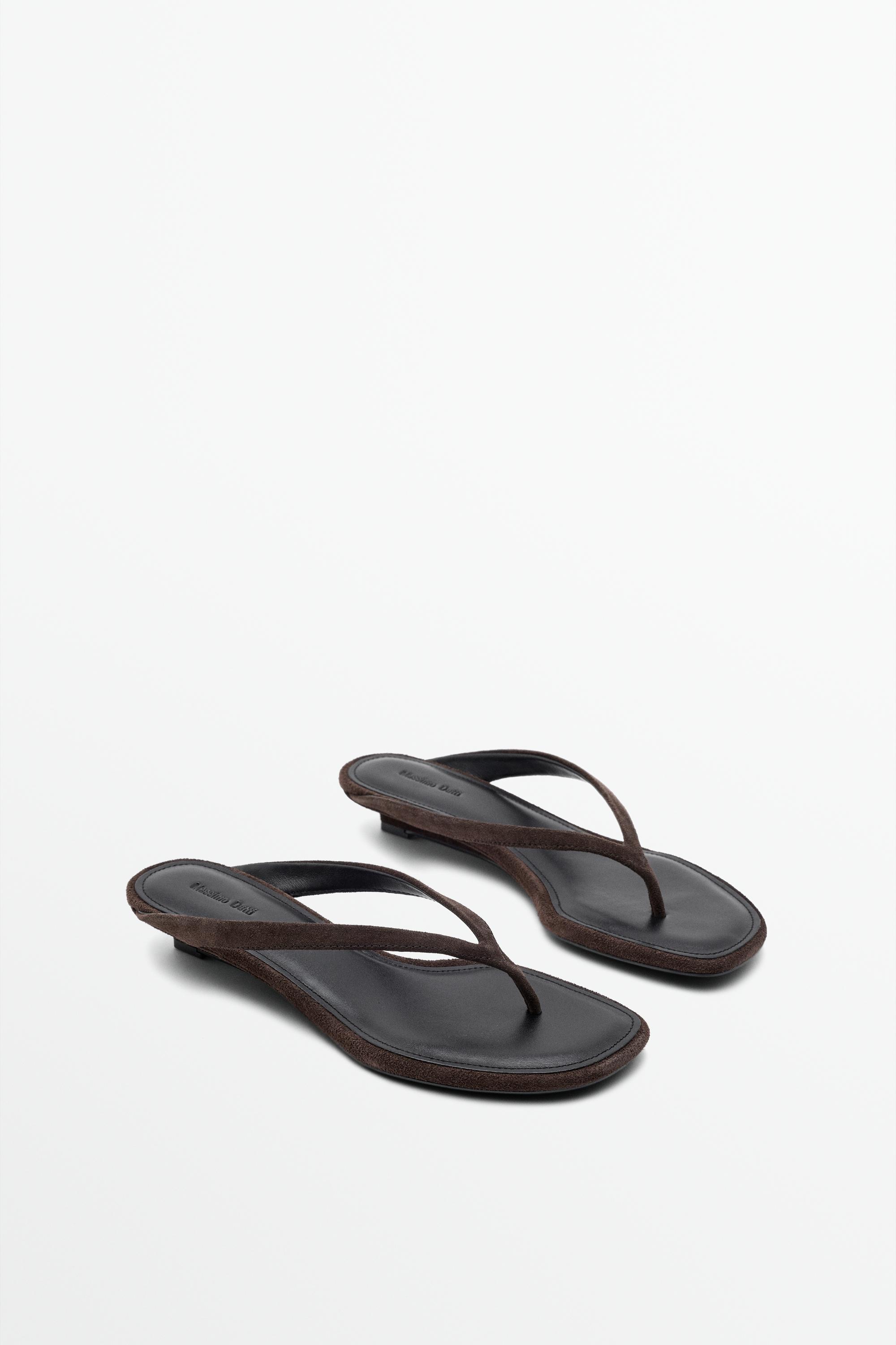 Mid-heel split suede leather toe sandal Brown