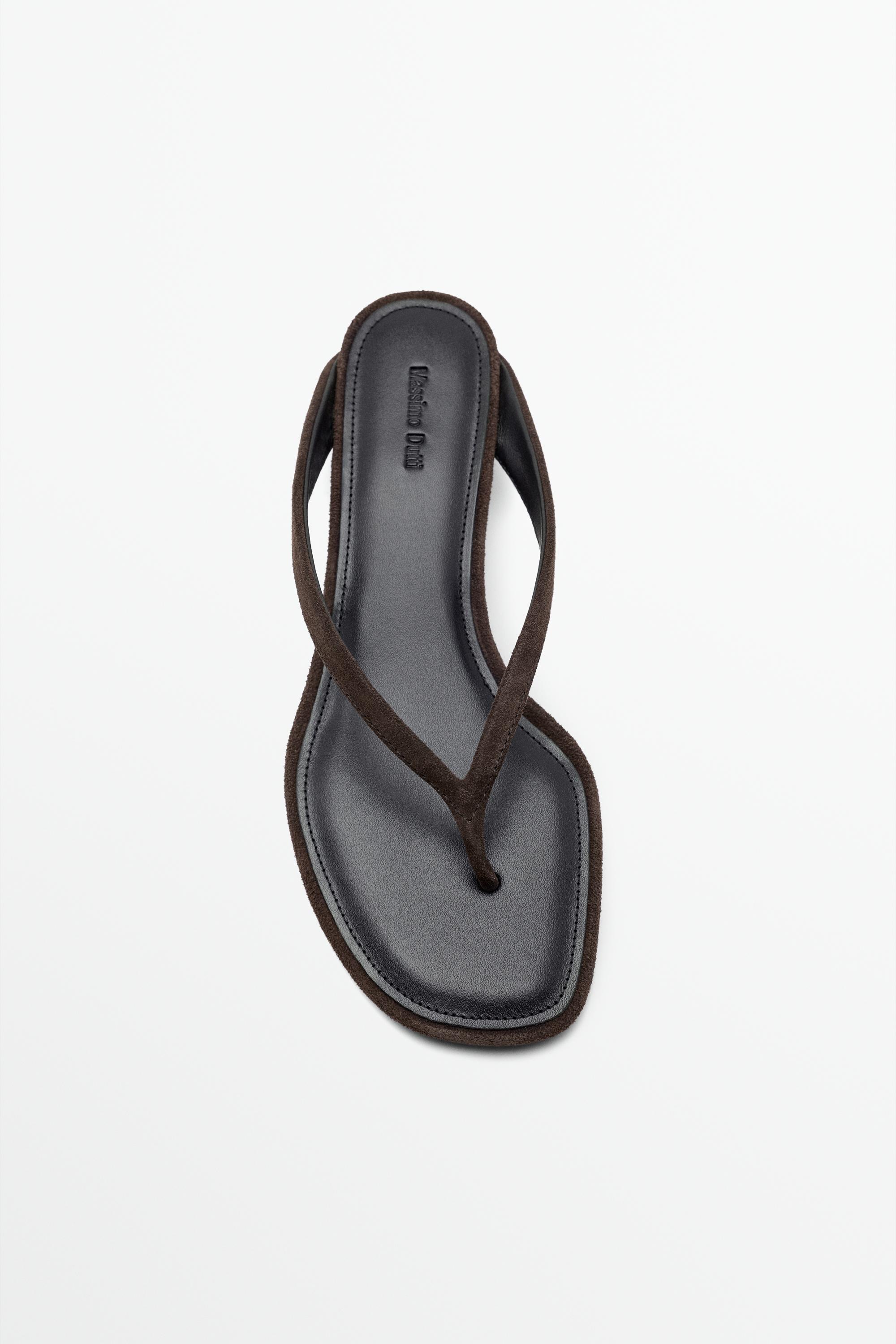 Mid-heel split suede leather toe sandal Brown