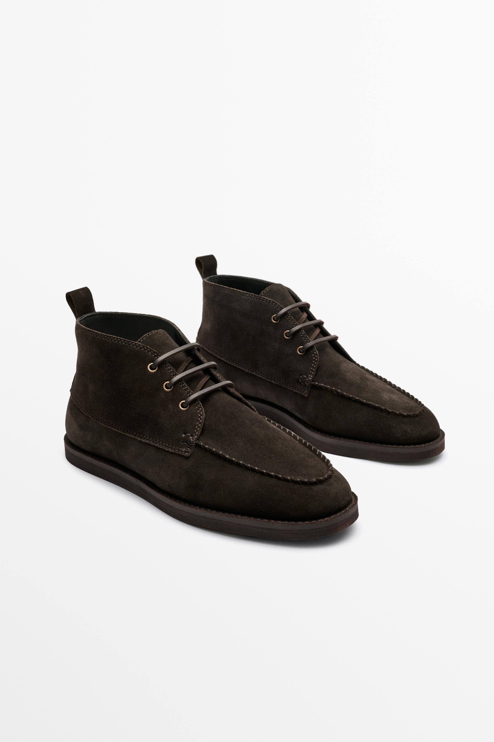 Split Suede Leather Ankle Boot with Contrast Stitching Brown